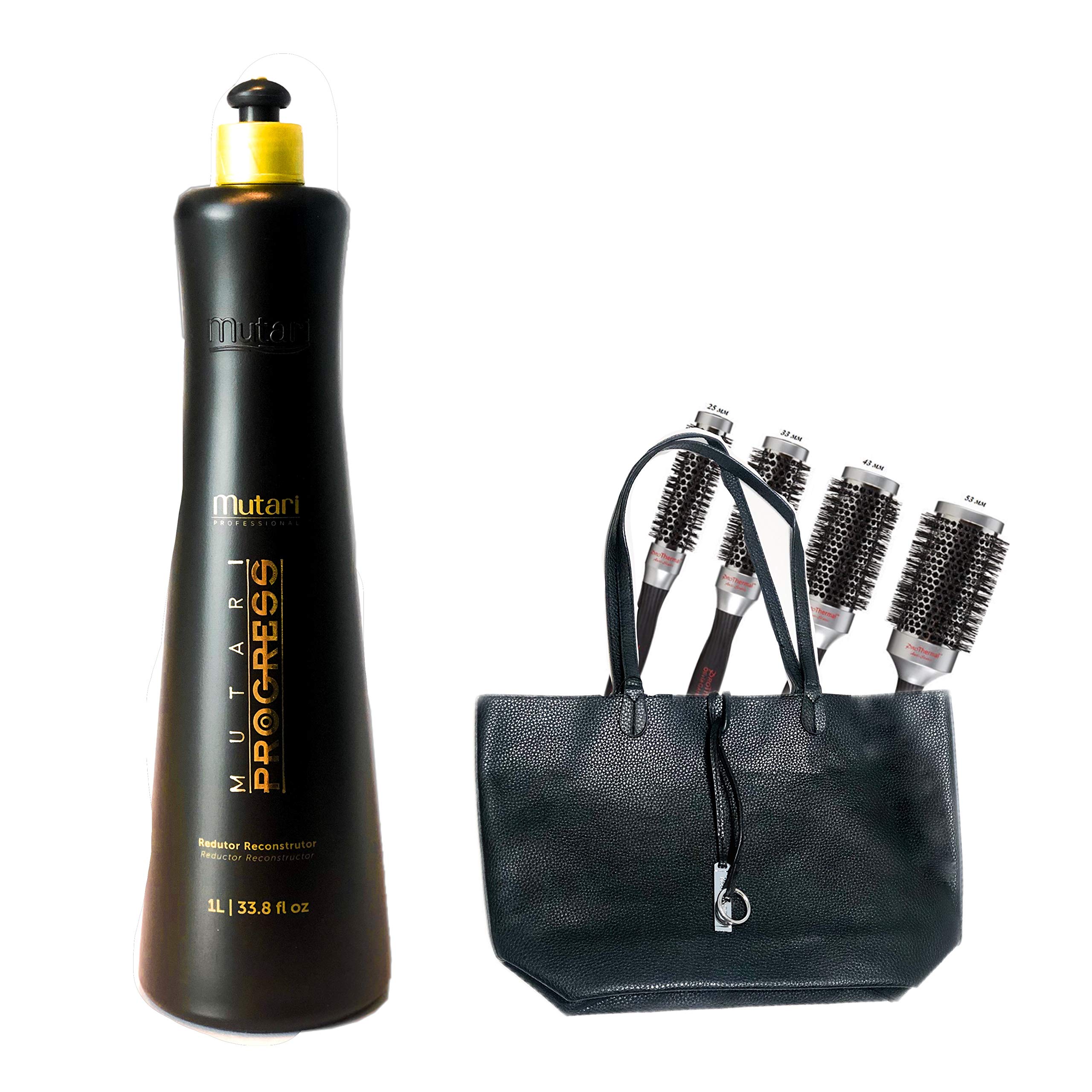 Mutari Professional Reductor Reconstructor Kit - Brazilian Keratin Straightening Treatment - Blowout Smoothing System With Pro Thermal 4 Brush And 1 Leather Bag - 33.8 fl oz