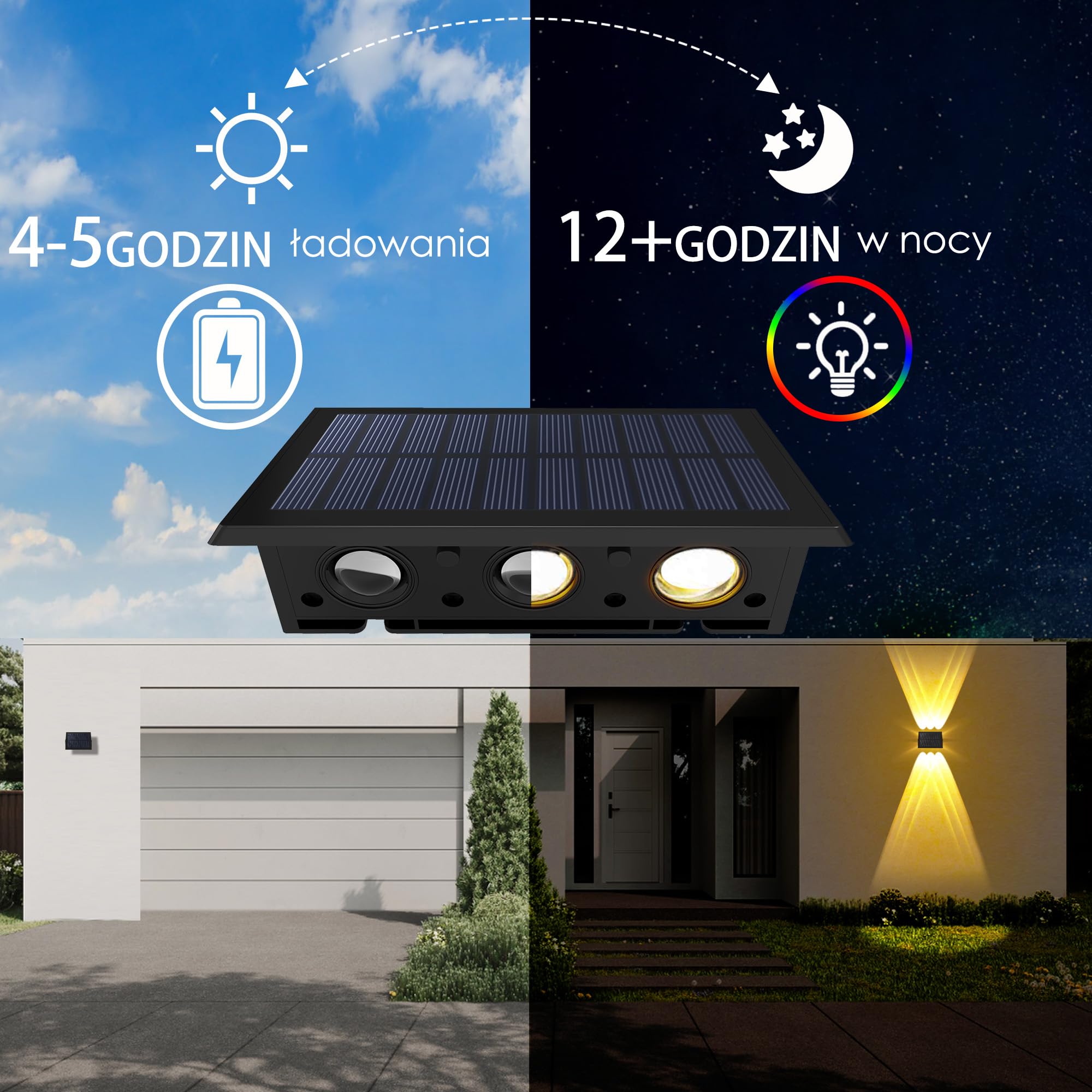 lampy solarne do użytku na zewnątrz, na ścianę, lampa zewnętrzna oświetlona od góry i dołu, 6 diod LED, IP67 wodoszczelna iluminacja ogrodowa na płot, do ogrodu, balkonu, tarasu, lampy