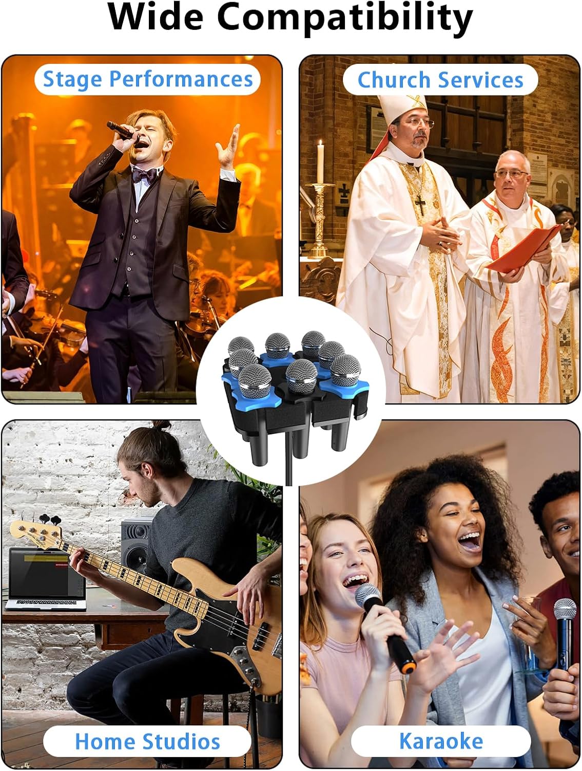 Multi Microphone Holder for Handheld Dynamic, Wired and Wireless Mics storage, Square Tray Attachment holds up to 8 mics On Stage Organizer and Display