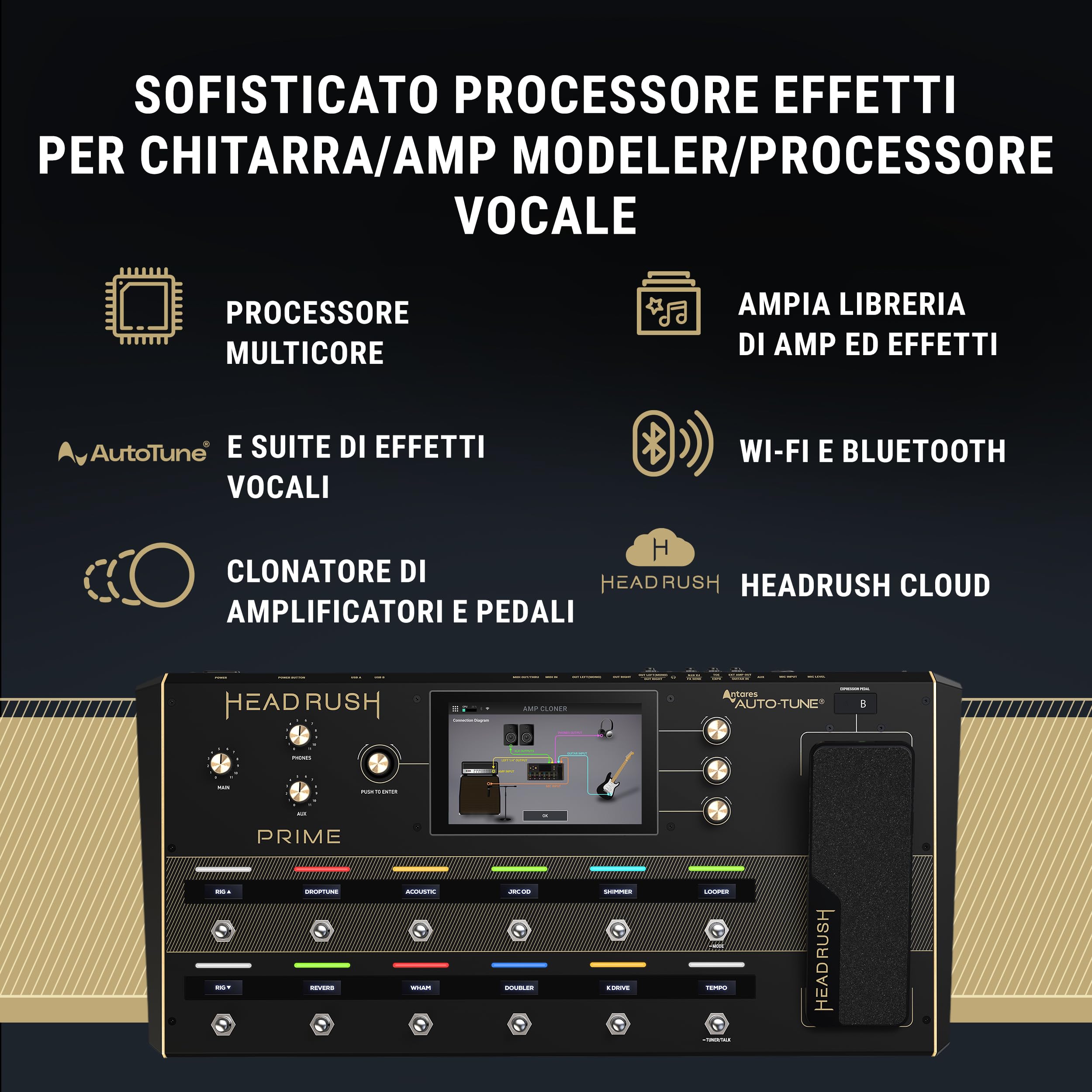 HeadRush Prime - Pedaliera Multieffetto per Chitarra e Voce, Processore con Amp Cloner, Antares Auto-tune, WiFi, Touchscreen, Looper e Bluetooth