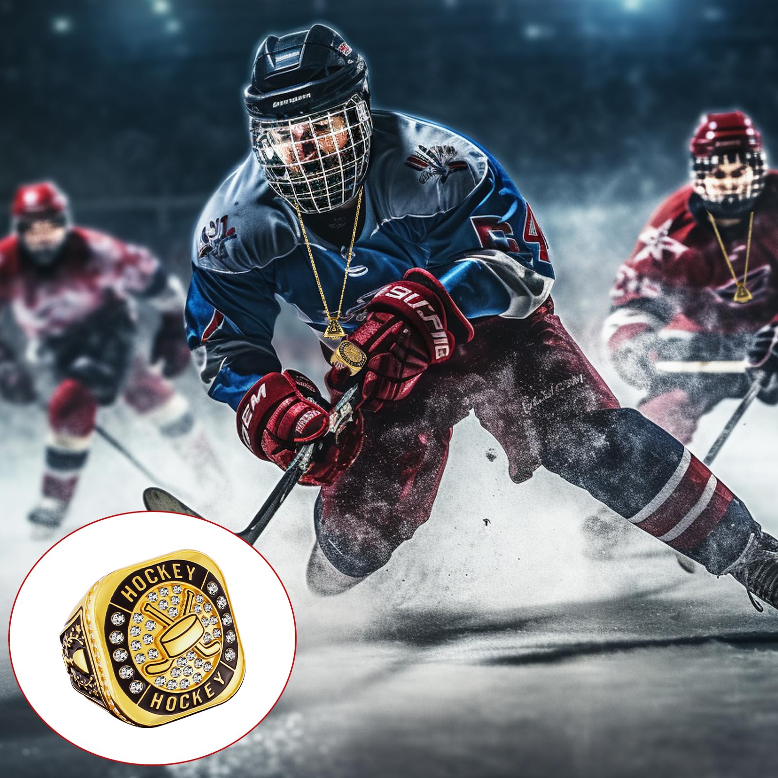 Highergo Juego de 10 anillos de trofeo de fútbol, voleibol, béisbol, MVP, campeonato de golf, con soporte de cadena de exhibición, sóftbol, baloncesto, animadoras, bolos, pista de campo para regalo de