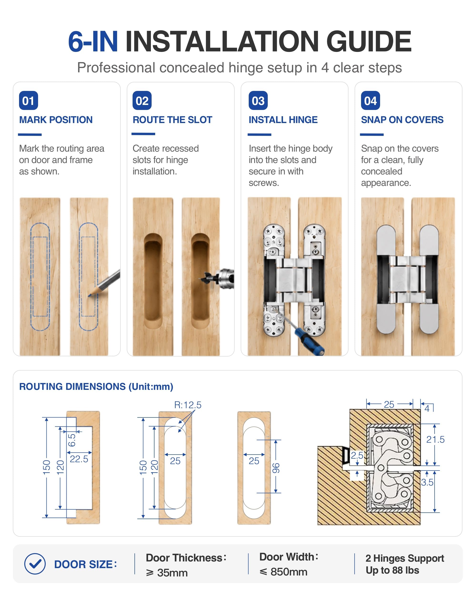 Bisagras de puerta ocultas (2 piezas) - Bisagras invisibles plateadas de 6 pulgadas para puertas, bisagras ocultas oscilantes de 180 grados, bisagras ajustables de 3 vías y resistentes (carga de hasta