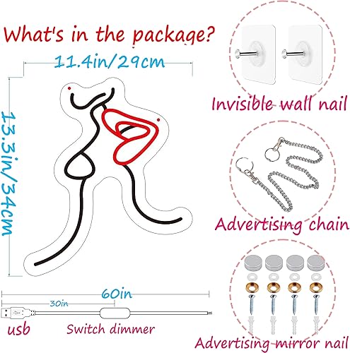 Miniatura 7 de Señal de neón de arte sexy, iluminación ajustable, luz de neón LED para sobre la cama, decoración de pared para mujeres, dormitorio, cocina, baño,