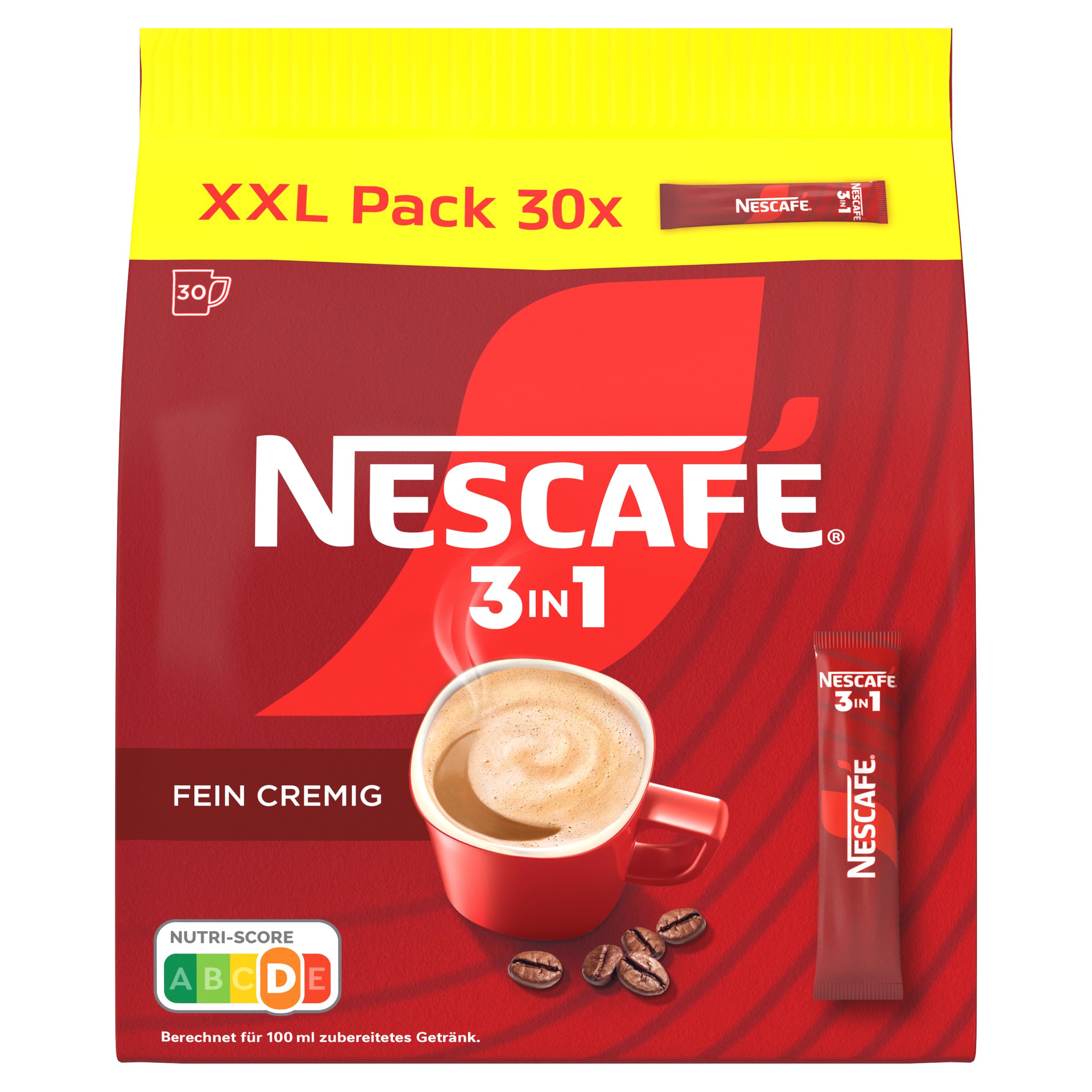 NESCAFÉ 3in1 XXL Pack, Getränkepulver-Sticks mit löslichem Bohnenkaffee, Creamer & Zucker, Instant-Kaffee aus erlesenen Kaffeebohnen, 1er Pack (30 Sticks à 16,5g)