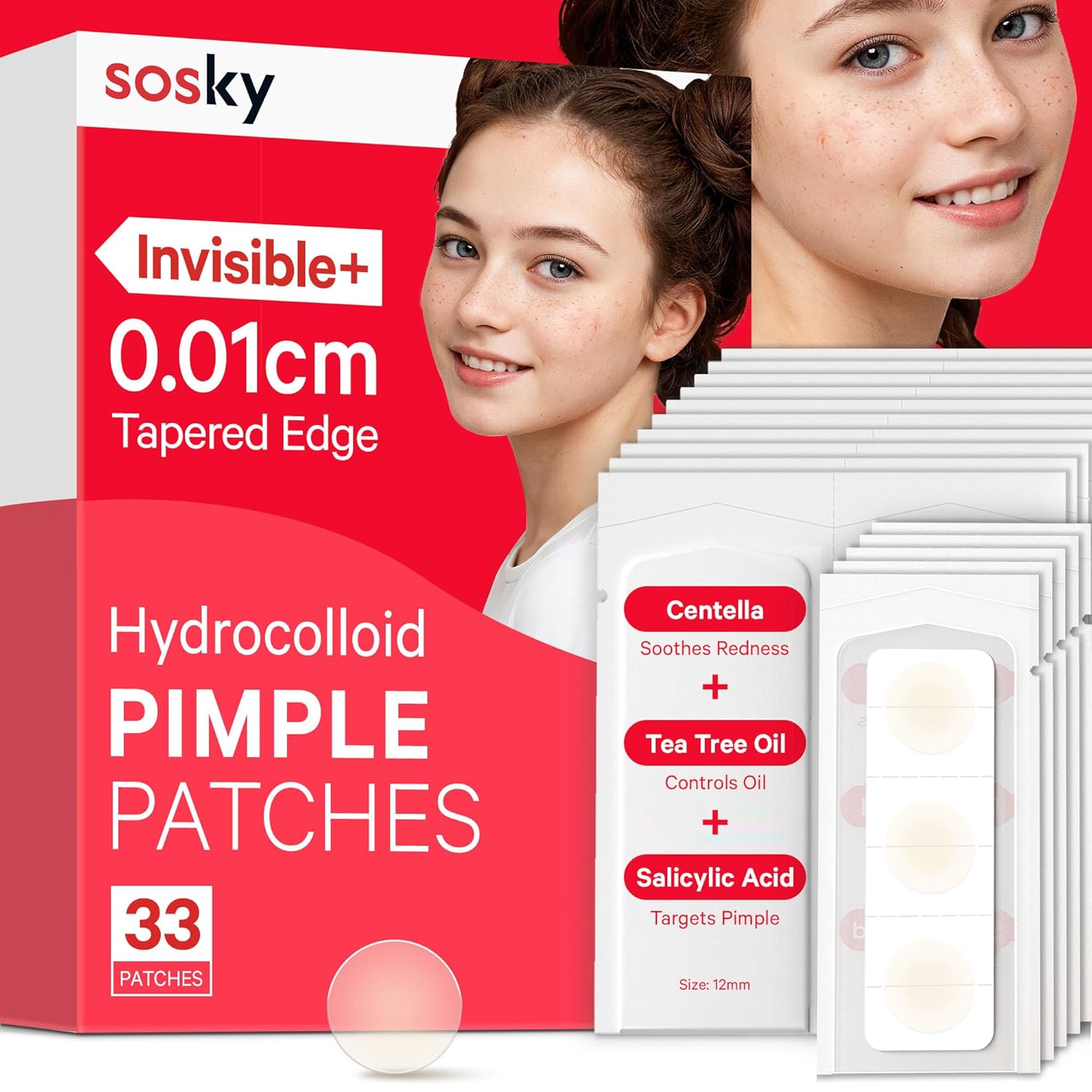 Sosky Pimple Patches for Face Hydrocolloid Acne Patches Zit Sticker for Face and Skin 33 Count 10mm