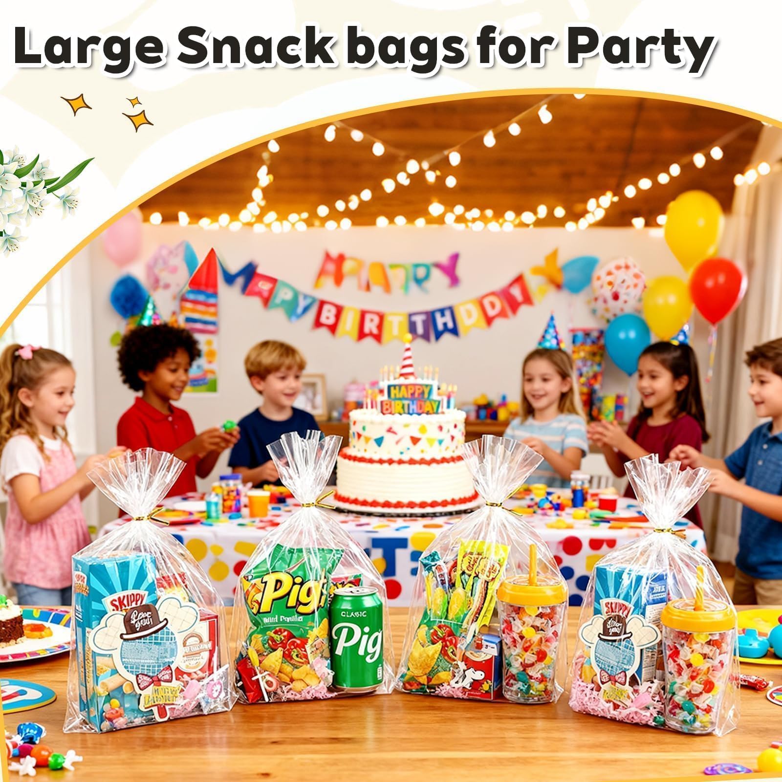 PigPotParty 25 x 35 cm, 50 szt. worków z dolnym klinem, przezroczyste plastikowe torby na prezenty, celofanowe torby na smakołyki z 50 x skręconymi krawatami, duże opakowanie na upominki na imprezę,