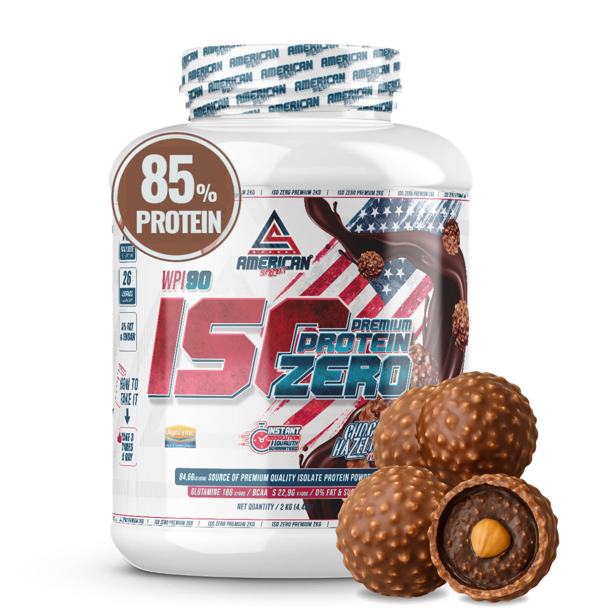 Premium Iso Zero | Protéine de lactosérum | Aide à augmenter votre masse musculaire | Faible en glucides | 0% Sucres (2 kg, Bonbon Choco-Noisette)