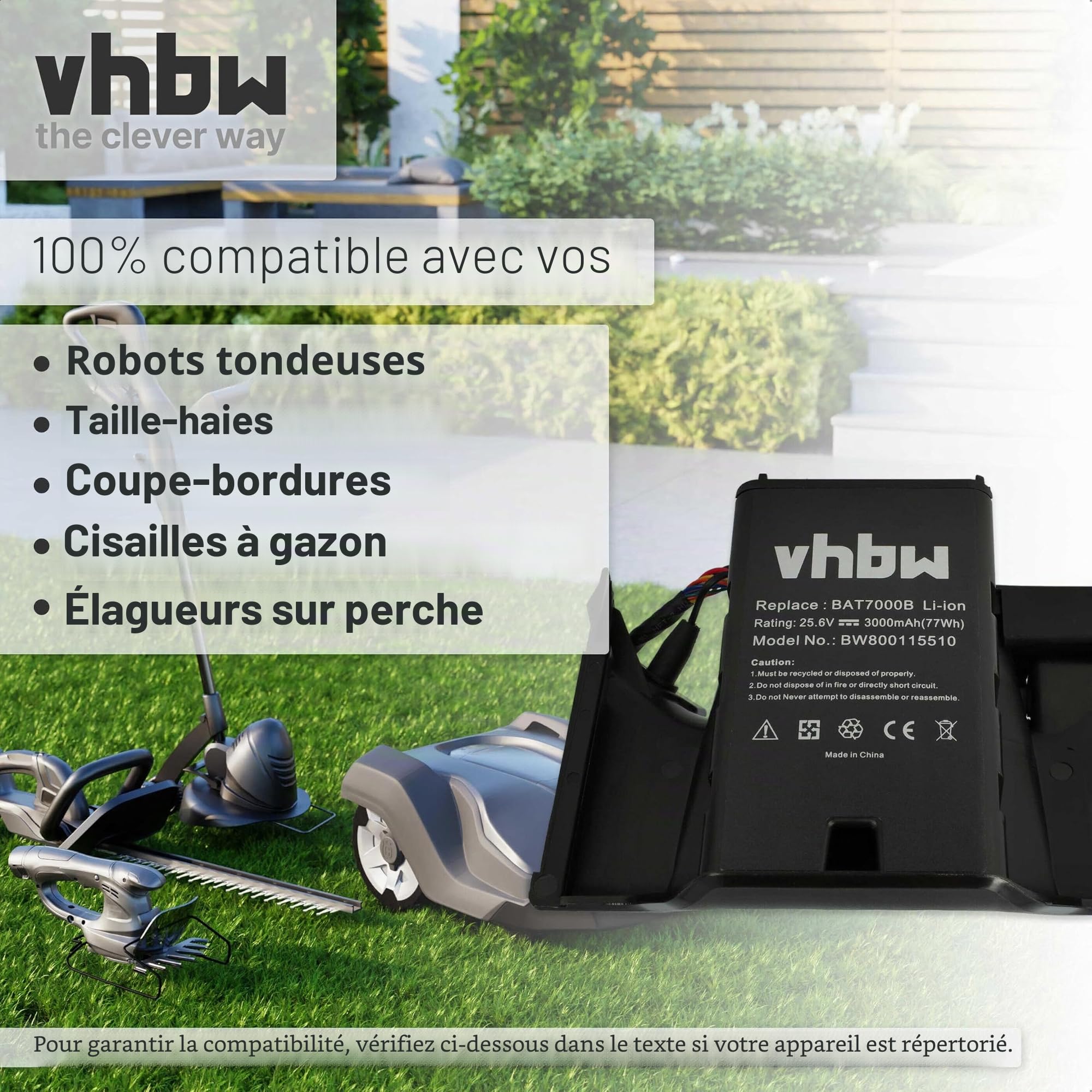 vhbw Batterie Compatible avec Robomow Premium RC302/304/304u/306/308/308u/312/312u - Remplacement pour BAT7000B, MRK7005A- (Li-ION, 3000mAh, 25.6V)