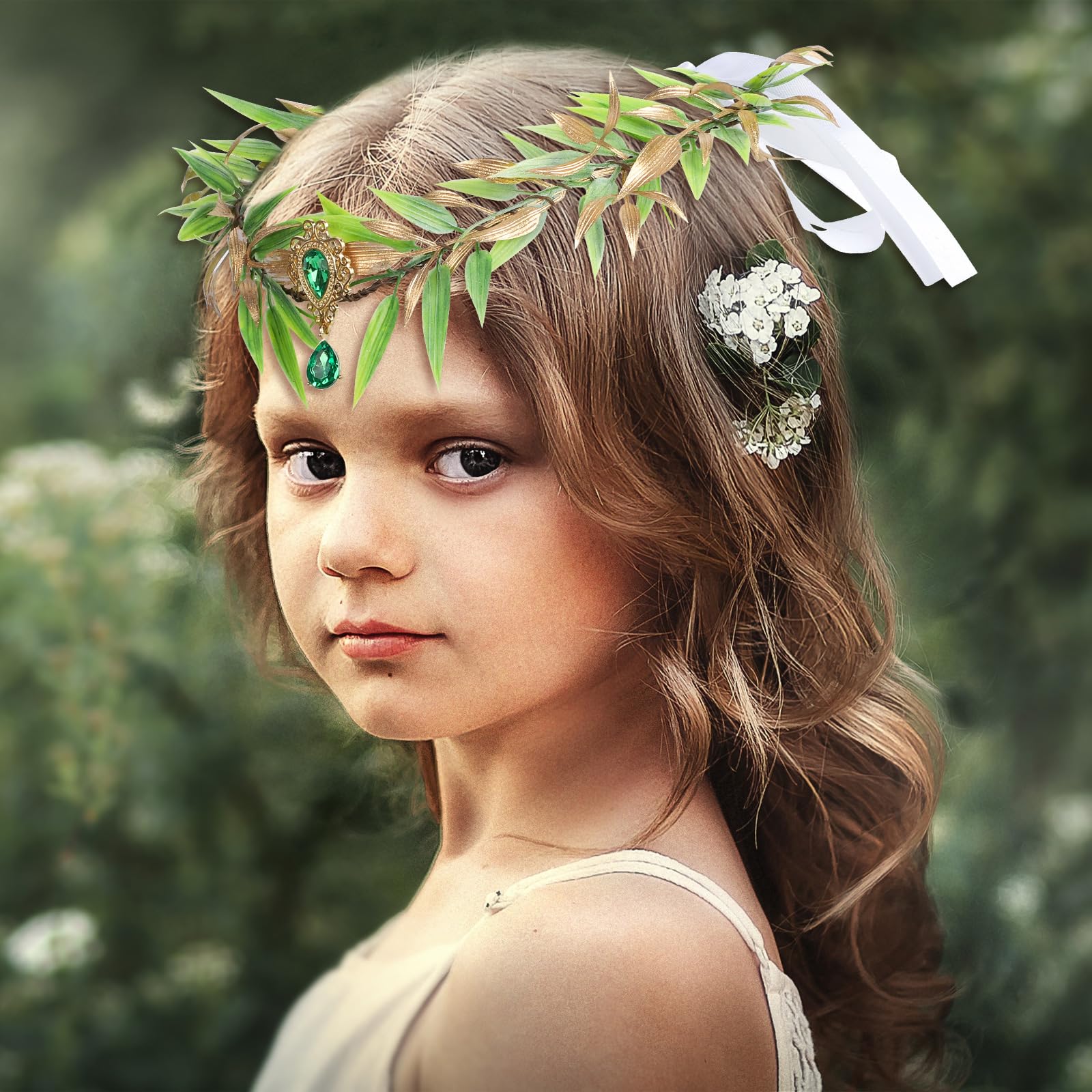 Coroncina Fiori Bambina, Ghirlanda Fiori Artificiali Corona Fiori Coroncina Sposa con Nastro, Elfo Corona di Fiori per Capelli Boho Coroncine Fiori per Halloween, Matrimonio, Festa (Foglie verdi