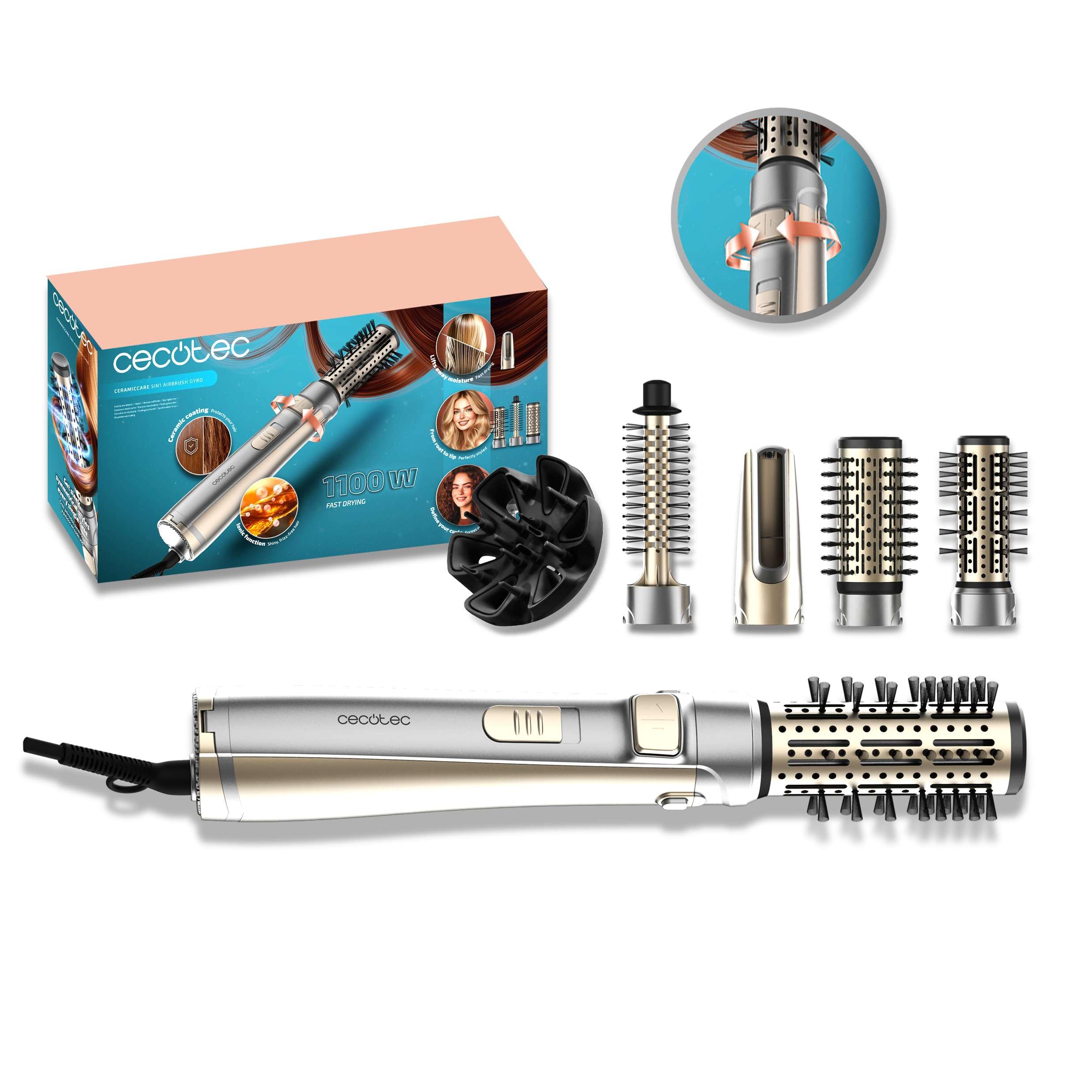 Cecotec Spazzola ad Aria Rotante con 5 Teste CeramicCare 5in1 AirBrush Gyro. 1100W, Asciuga, Arriccia, Modella, Dona Volume, Rivestimento Ceramico, Funzione Ionica, Punta Fredda, 3 Modalità Temp