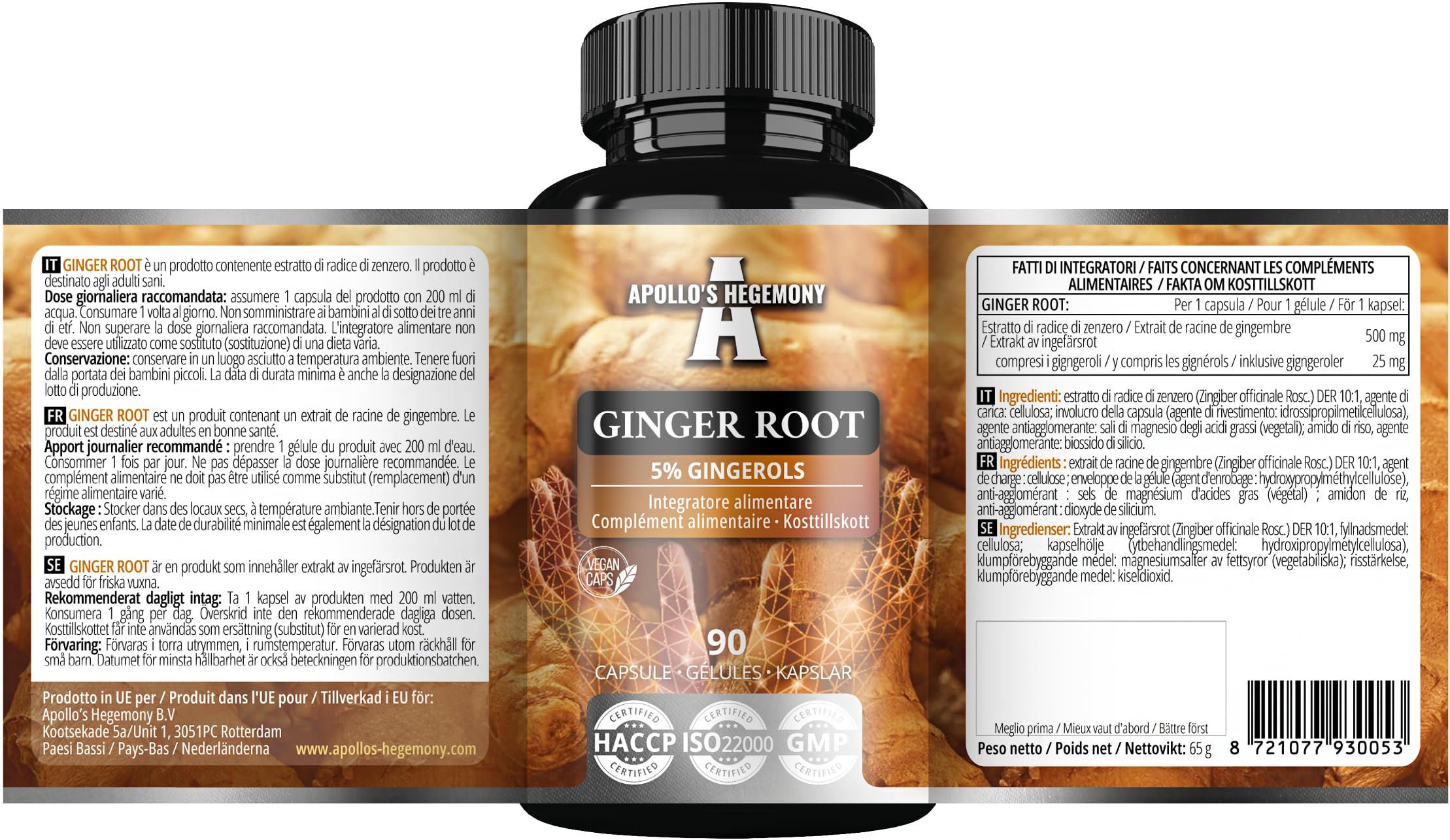 Ginger Root 500 mg, Extract contains 5% Gingerols, 90 Vegan Capsules, 3 Months Supply, Ginger Herbal Supplements for Digestive Comfort and Immune Support - by Apollo's Hegemony