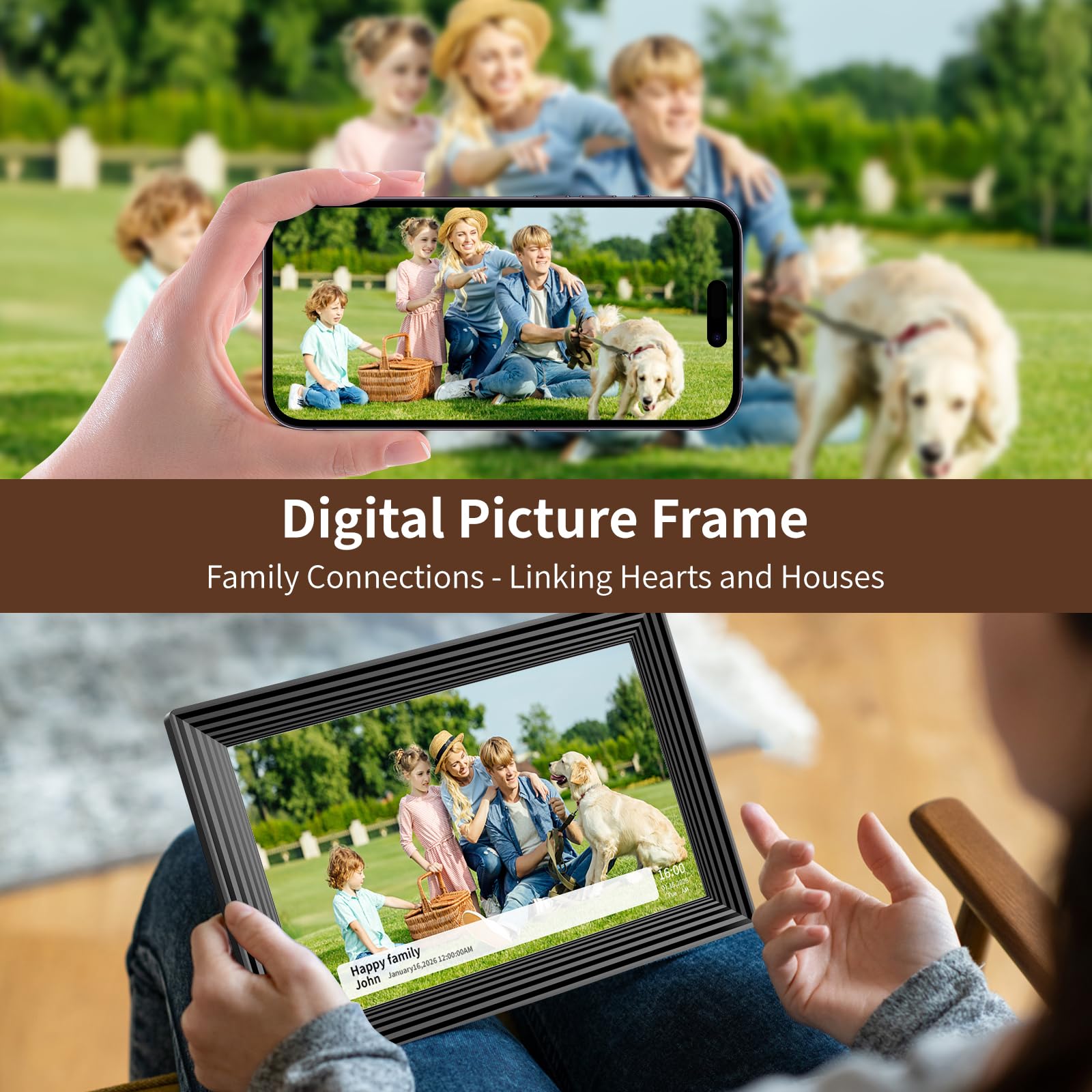 Cadre photo numérique, cadre photo numérique Frameo 10,1", écran tactile LCD IPS 1280 x 800, 16 Go, prend en charge les cartes SD, partage instantanément des moments heureux via la
