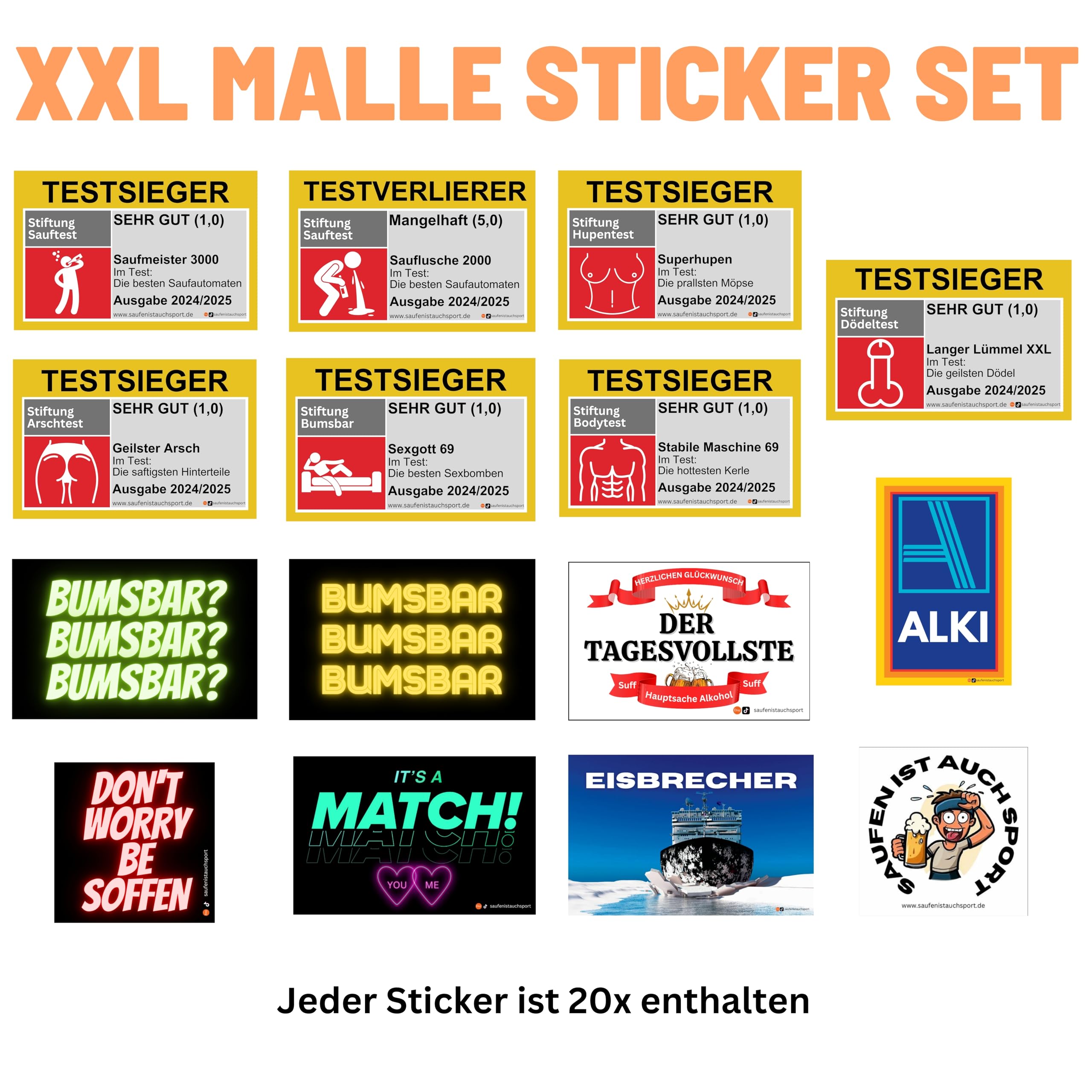 XXL 300x Malle Sticker Set/Malle Aufkleber Set/Festivalsticker/Saufsticker/Mallorca/Testsieger/Bumsbar/Oktoberfest/JGA/Party Set