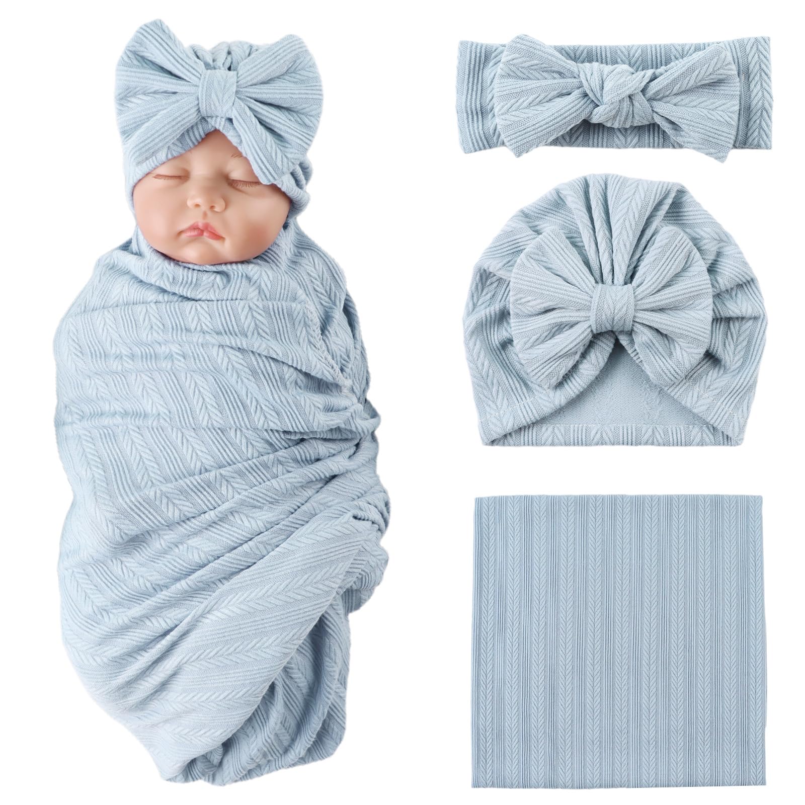 MniJiza Newborn Swaddle Blanket Baby Girls Receiving Blankets with Headband Beanie Hat Set Soft Nursery Swaddle Wrap (Blue)