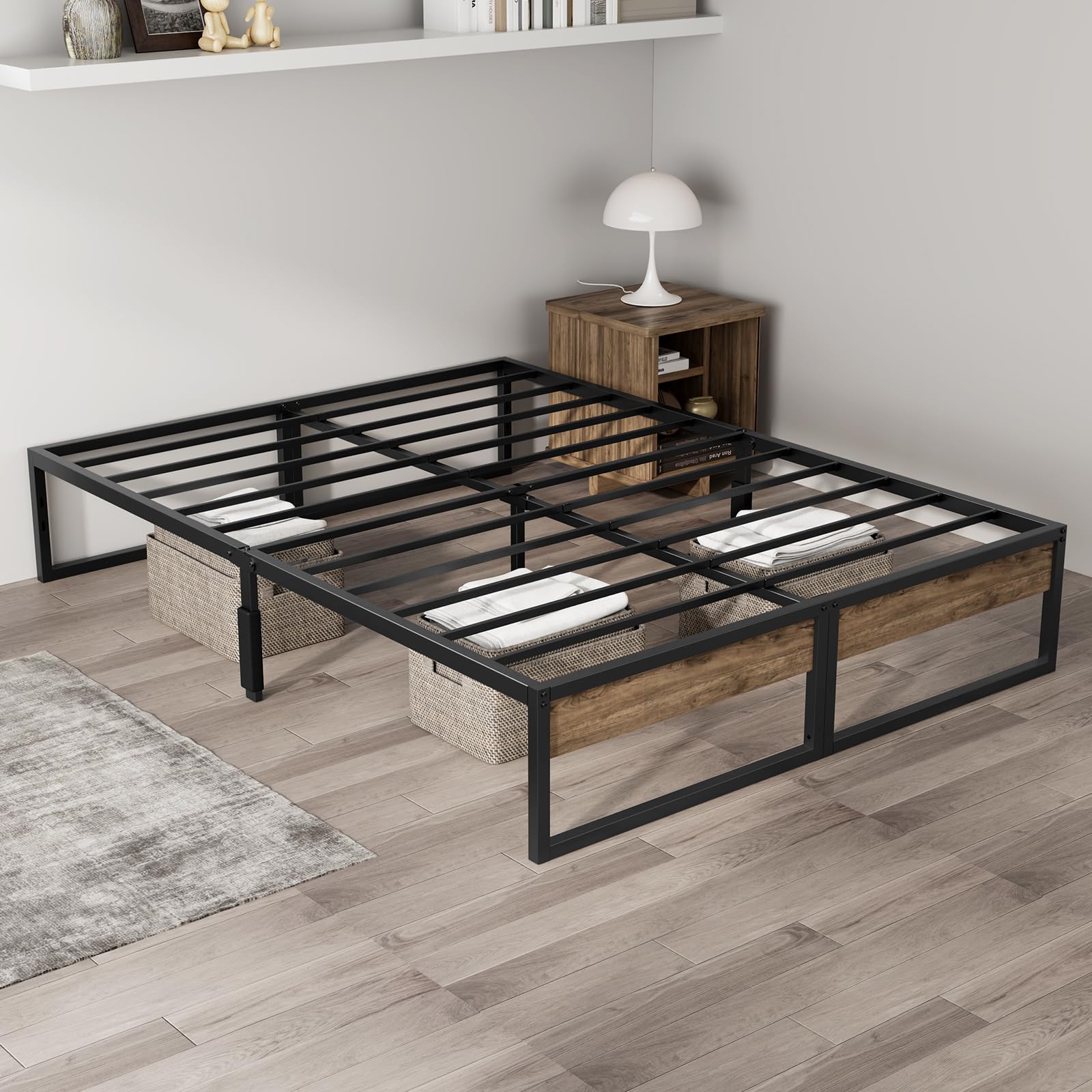 Close-up of the Mashomdec Queen bed frame's rustic wood headboard detail showing its wood grain texture.
