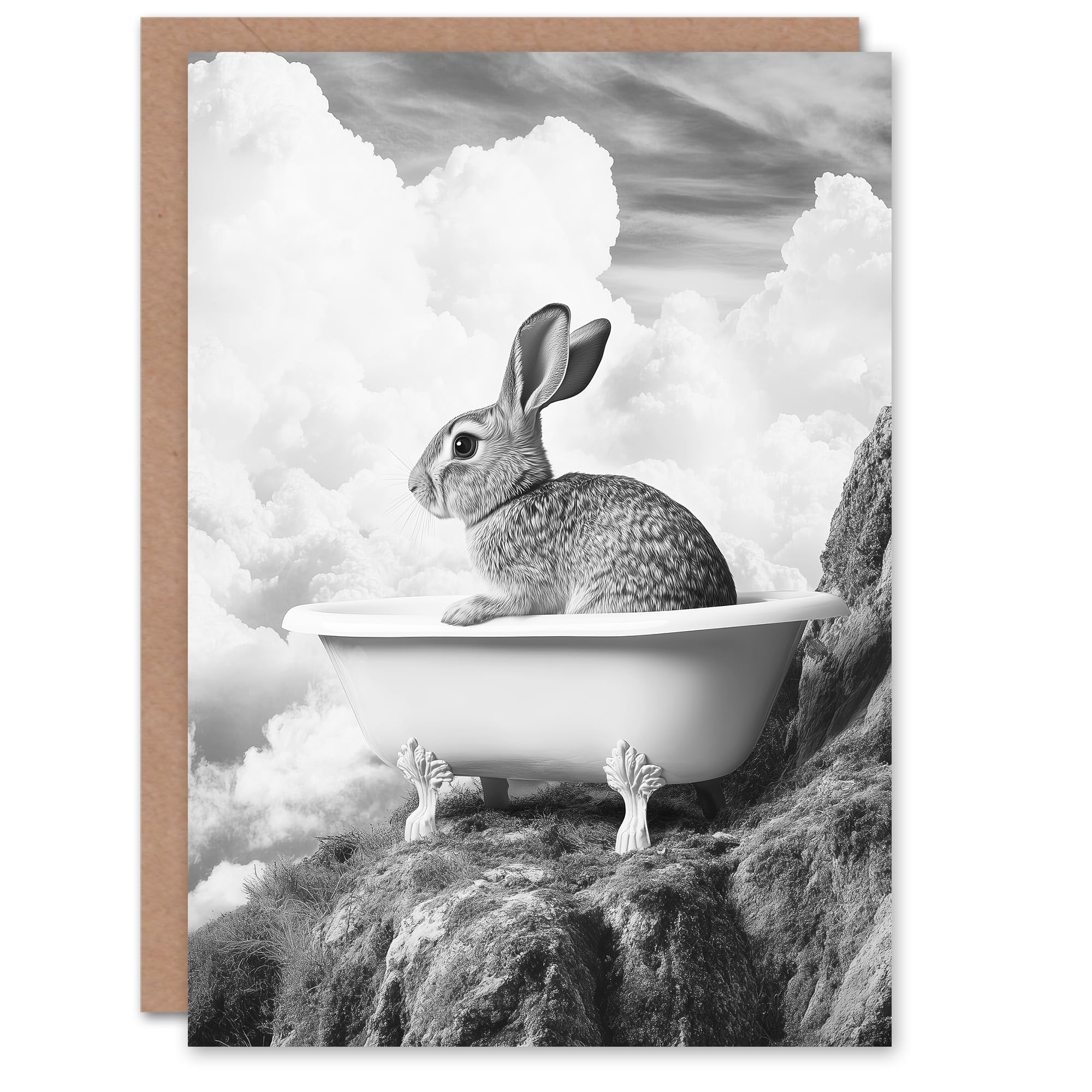 Artery8 Greeting Card Cute Bunny Rabbit in Bathtub Black White Surreal Blank For Him Or Her Art Birthday Card