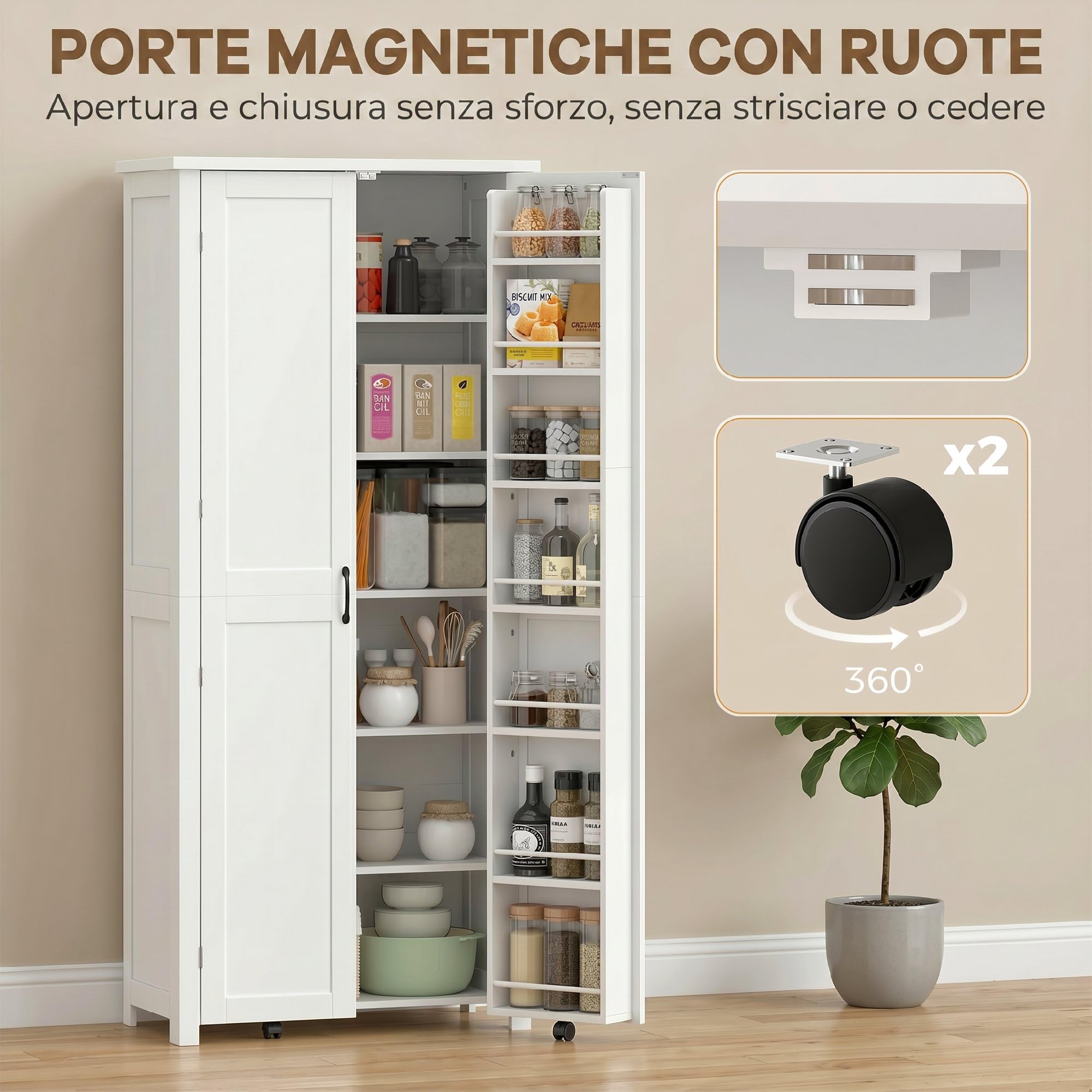 HOMCOM Credenza Cucina Alta 180cm, Mobile Dispensa con Ruote, Doppie Ante, 6 Ripiani, 14 Scomparti Portaspezie sulla Porta, Ripiani Regolabili, Mobile Cucina per Sala da Pranzo Soggiorno, Bianco