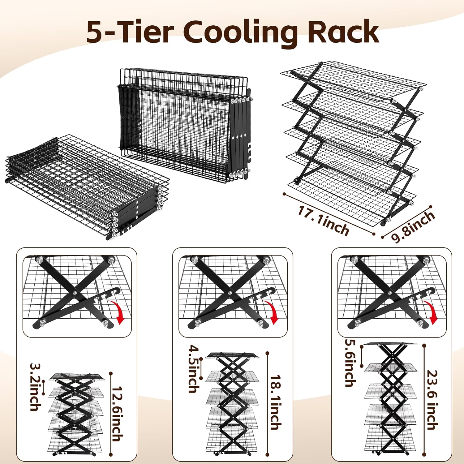 Timeet 5 Tier Upgraded Collapsible Cooling Rack with Adjustable 3 Setting Design, Stackable Baking Rack with Clean Brush, Roasting Cooking Drying Wire Cooling Rack for Cookies Baking ＆ Grilling