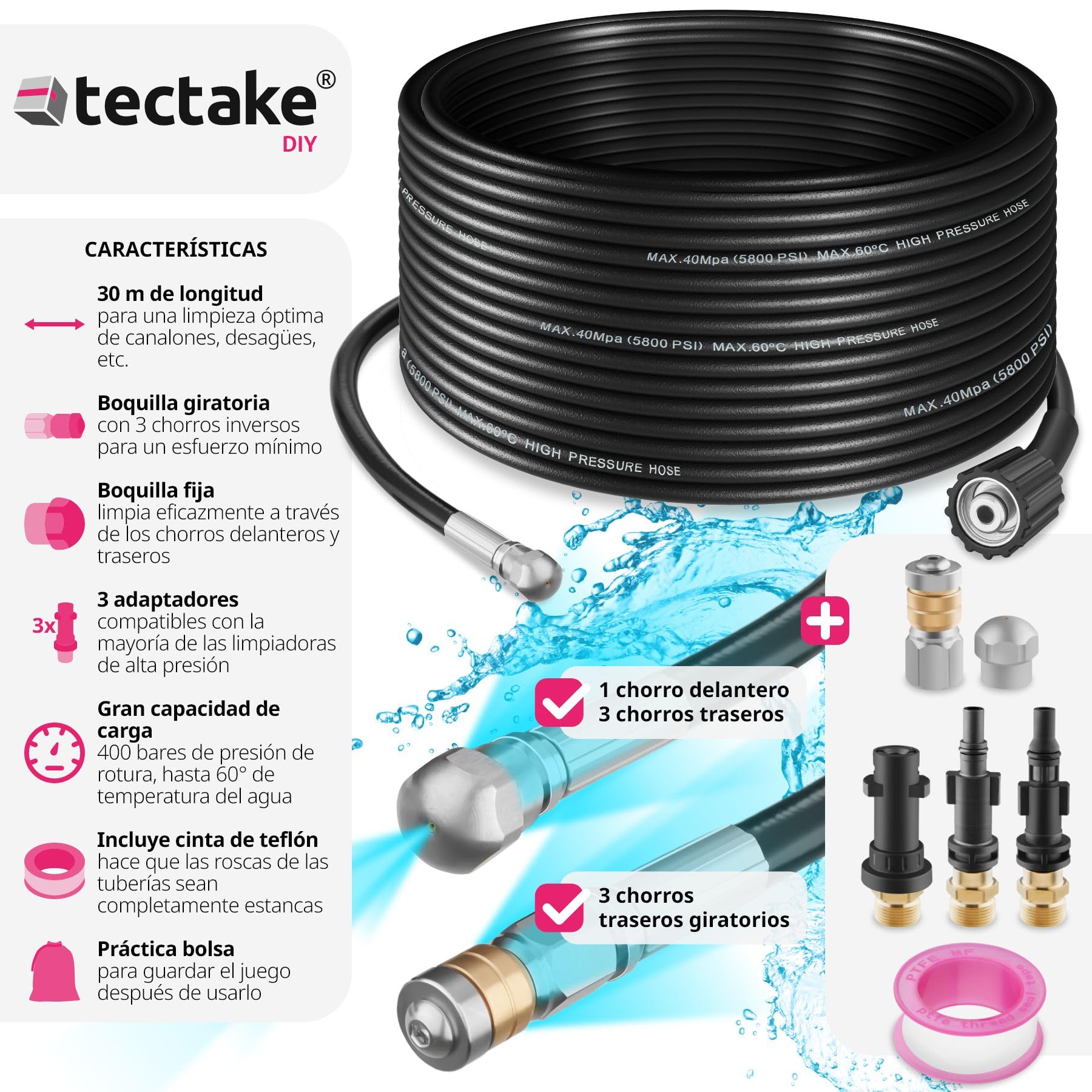 tectake® Juego Manguera Limpieza Tuberías 8 Piezas, Boquilla Giratoria, Adaptadores Hidrolimpiadora, Limpia Canalones, Manguera Presión, Desatascador Tuberias, Manguera Flexible - 30 metros