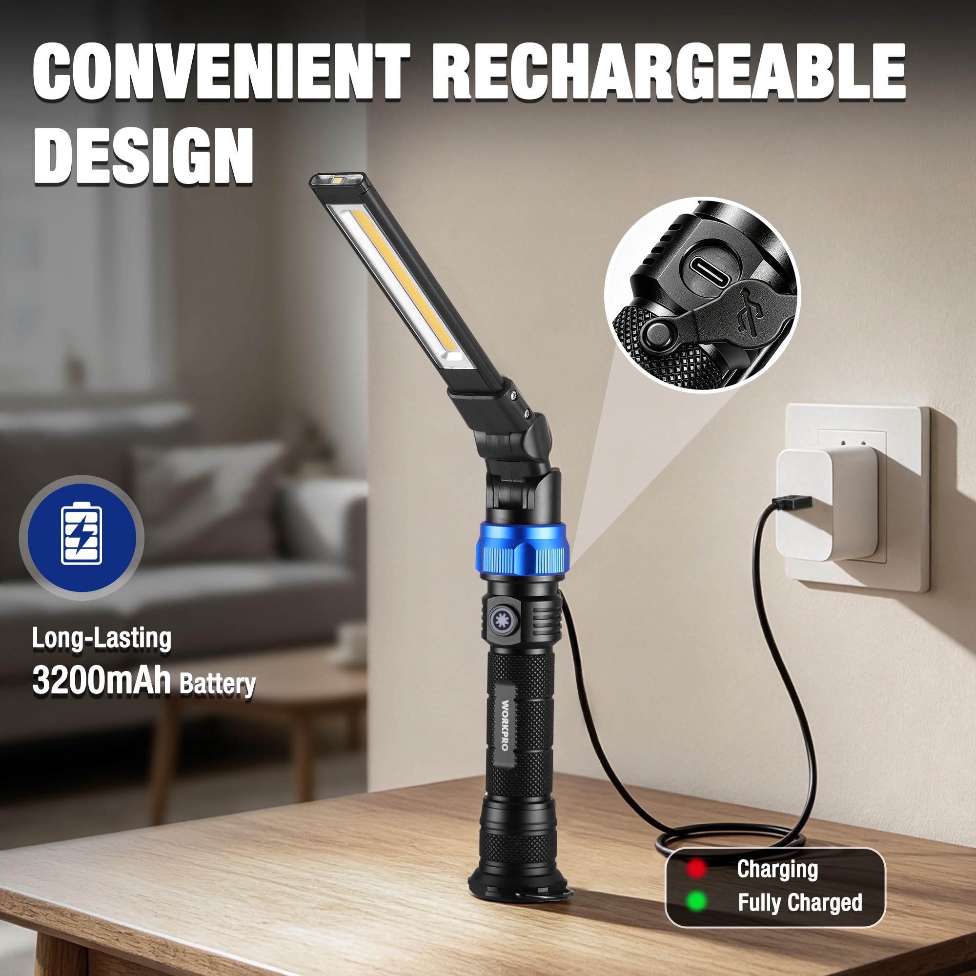 Amazon.co.jp: WORKPRO 磁気LEDワークライト、3200mAh折りたたみ式充電