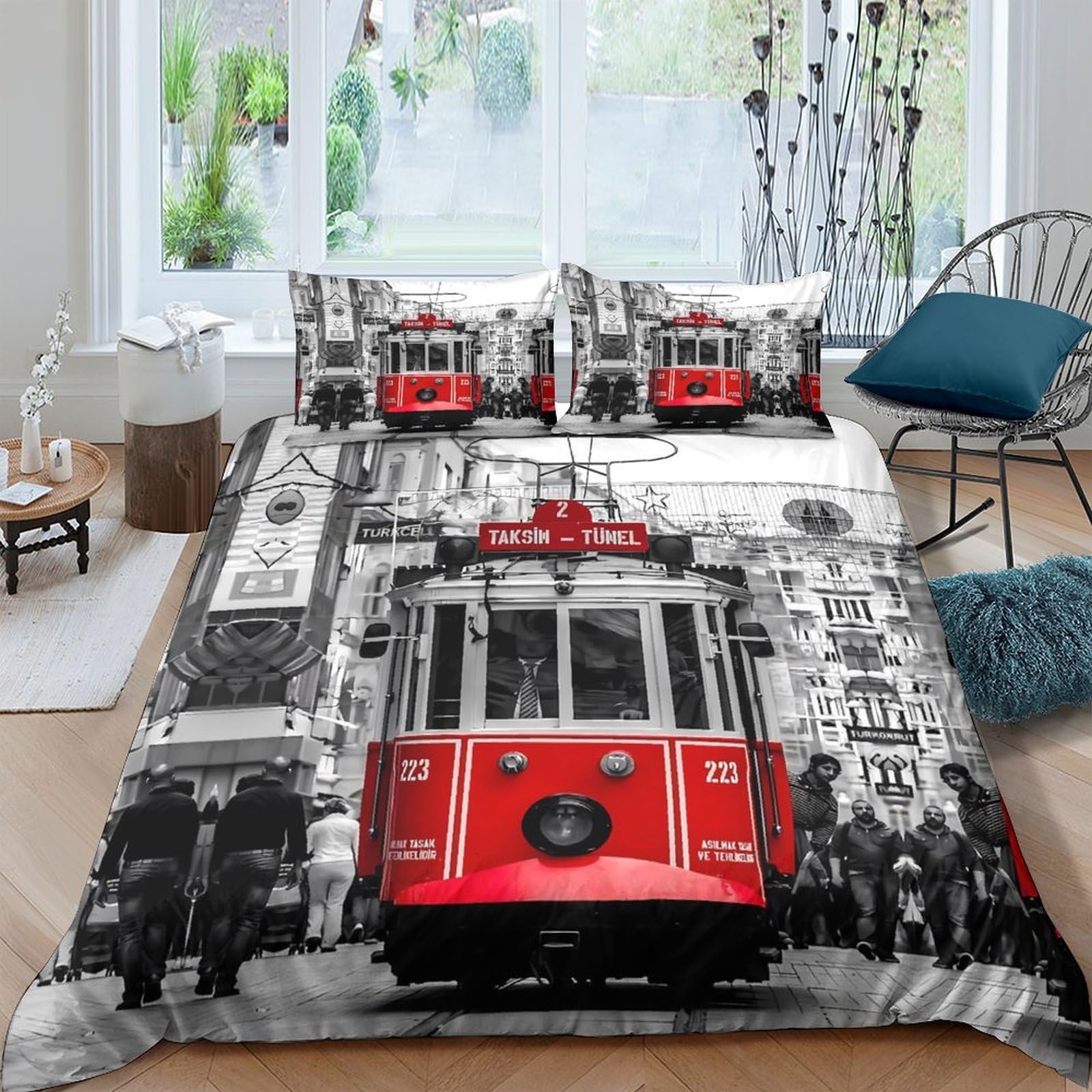 Ctjqhvkz Style-1 3D Printed Red Tram Cityscape Fitted Sheet Microfiber Black White Urban Street Bed Cover For Bedroom Home Décor Single（135X200cm）