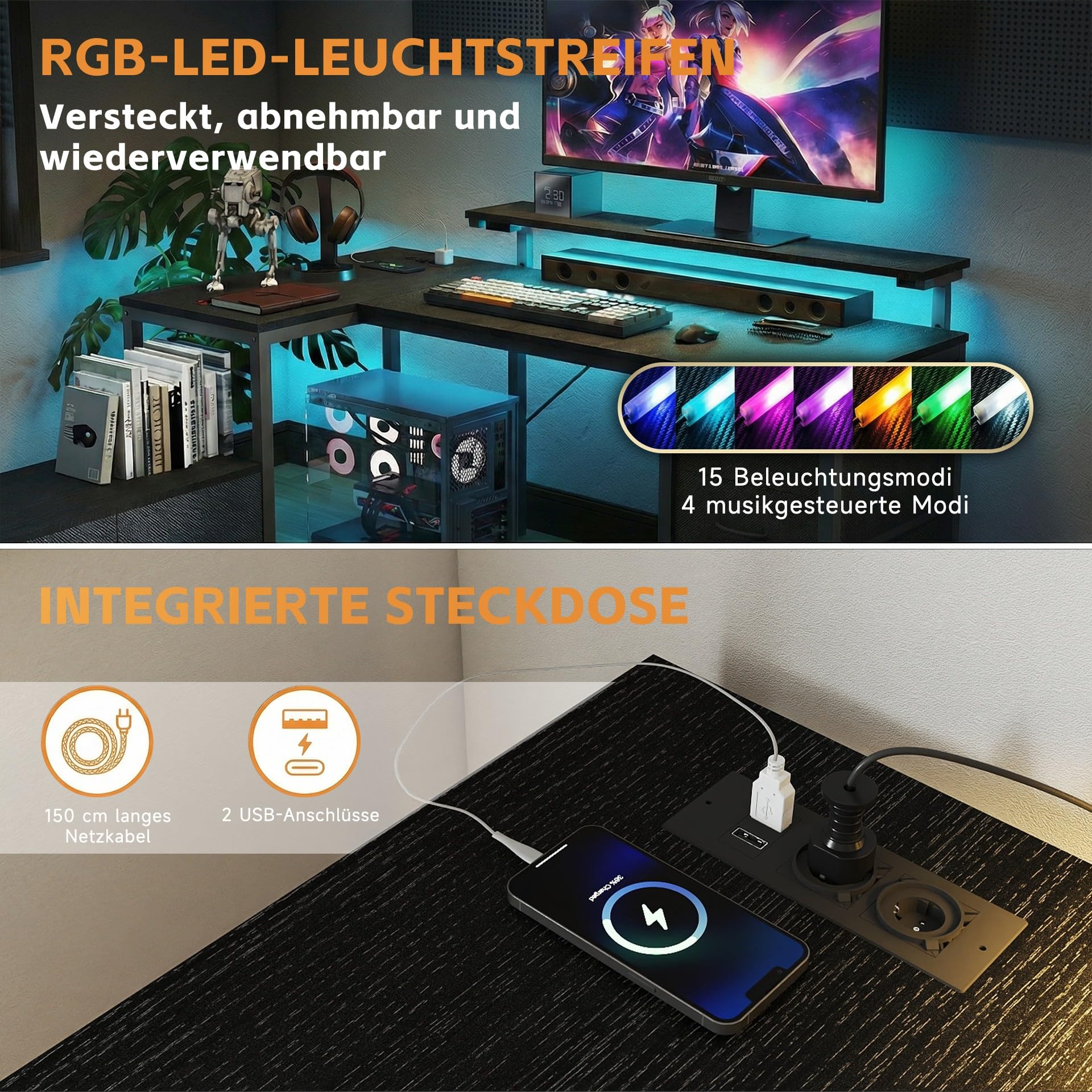 Devoko L-förm Schreibtisch mit 5 Stoff Schubladen,160x120cm Schwarz | Umkehrbarer Eckschreibtisch mit Großer Stauraum,Integrierte Steckdosen, Monitorständer & LED-Beleuchtung