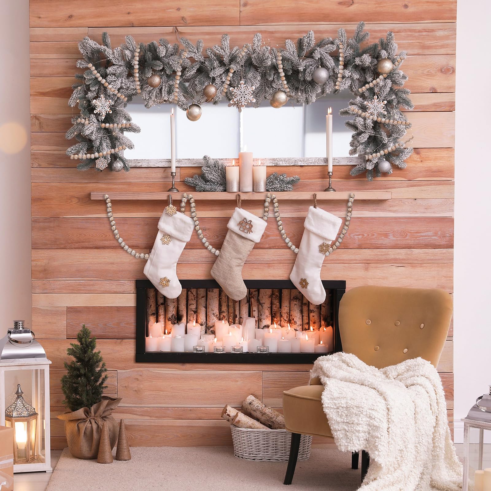 Hicarer Guirlande de perles de Noël en bois pour sapin de Noël - 3,7 m - Blanc doré