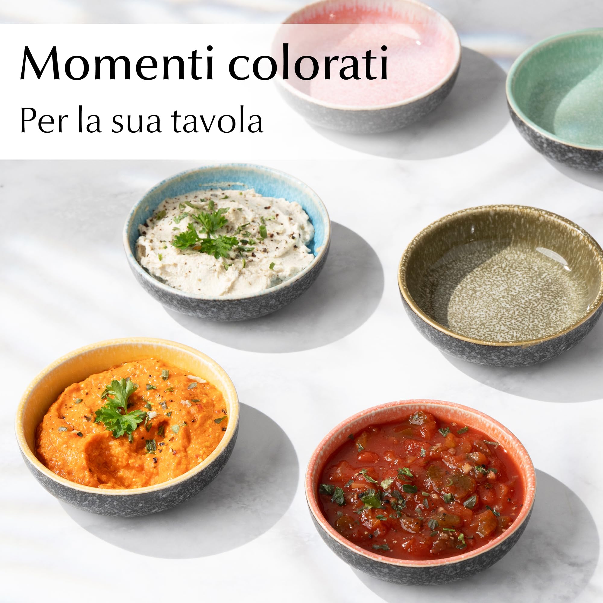 MIAMIO - Set di 6 Mini Ciotole per Dip (90 ml) / Ciotole da Contorno, per Salsa di Soia, Ciotola per Dip, Piccole Ciotole per Snack - Collezione Las Palmitas