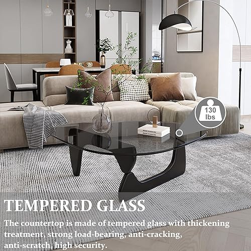 Miniatura 24 de Pequeña mesa auxiliar ovalada de cristal, mesa moderna triangular para sala de estar, centro negro, base de madera maciza y parte superior