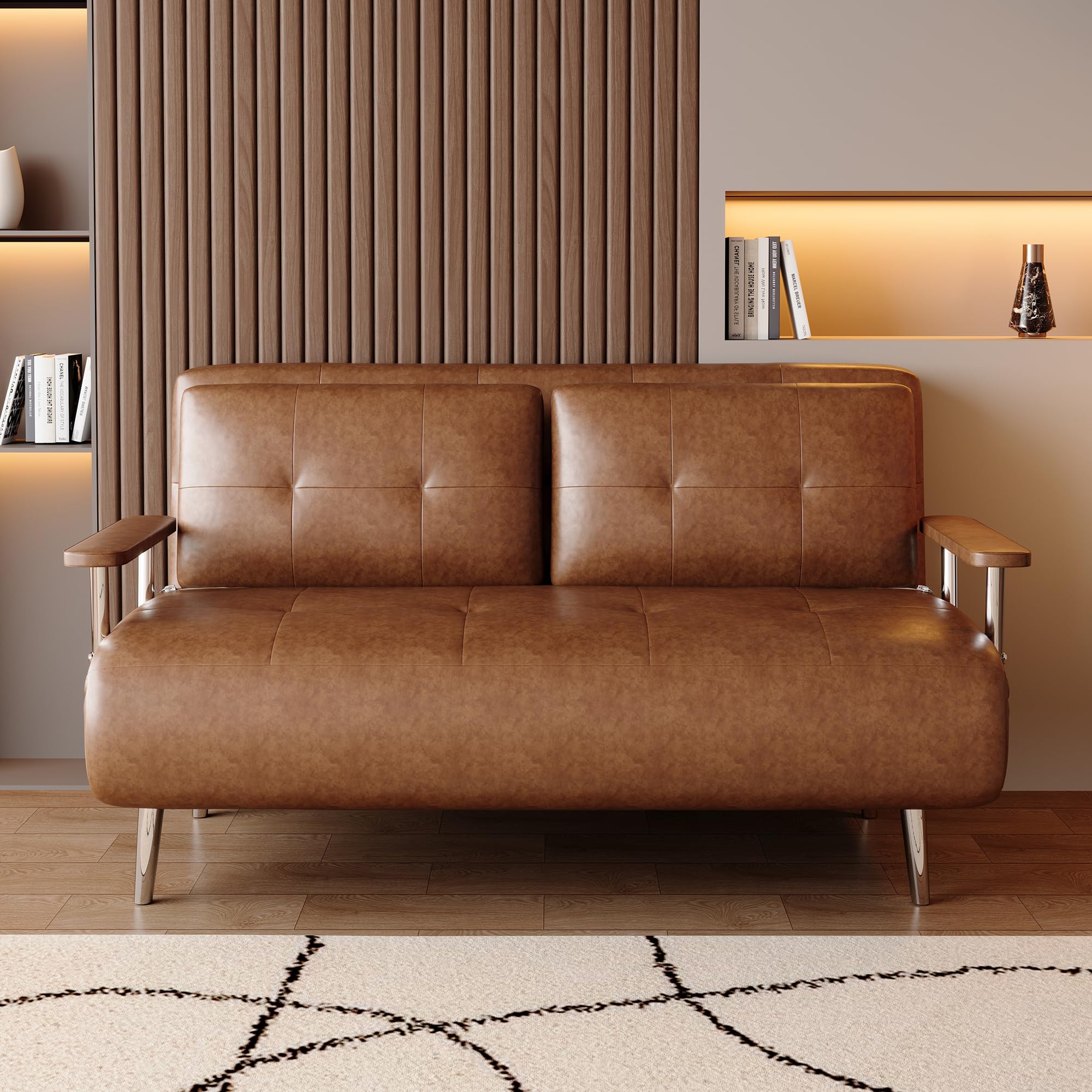 KAANAA Schlafsofa Klappsofa 150 cm, Braun, Lederoptik | 150 cm Breite, Klappfunktion, Lederoptik, Mit Matratze, Metallgestell, Platzsparend, Für kleine Räume