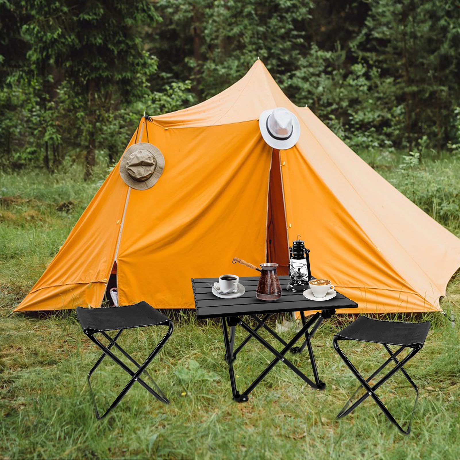 WensdrTavolo pieghevole con sedie, picnic leggero e 2sedia per spiaggia, escursioni, viaggi, pesca, barbecue, esterno con tasche portaoggetti