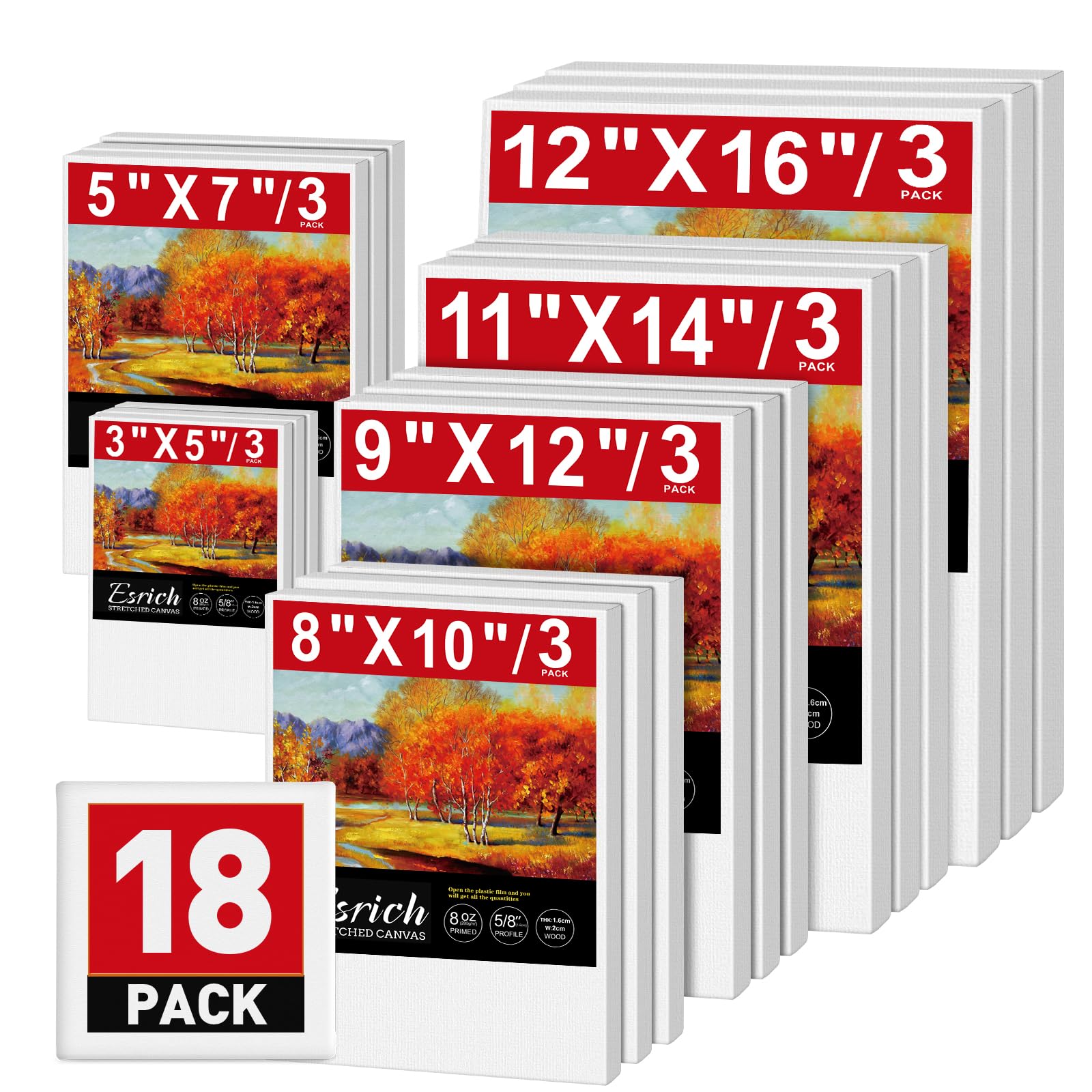 Stretched Canvas for Painting,18 Multi Pack Blank Canvases for Painting 12x16, 11x14, 9x12, 8x10, 5x7, 3x5, Cotton Primed Painting Canvas for Oil, Acrylic Paint, for Beginners, Artists.