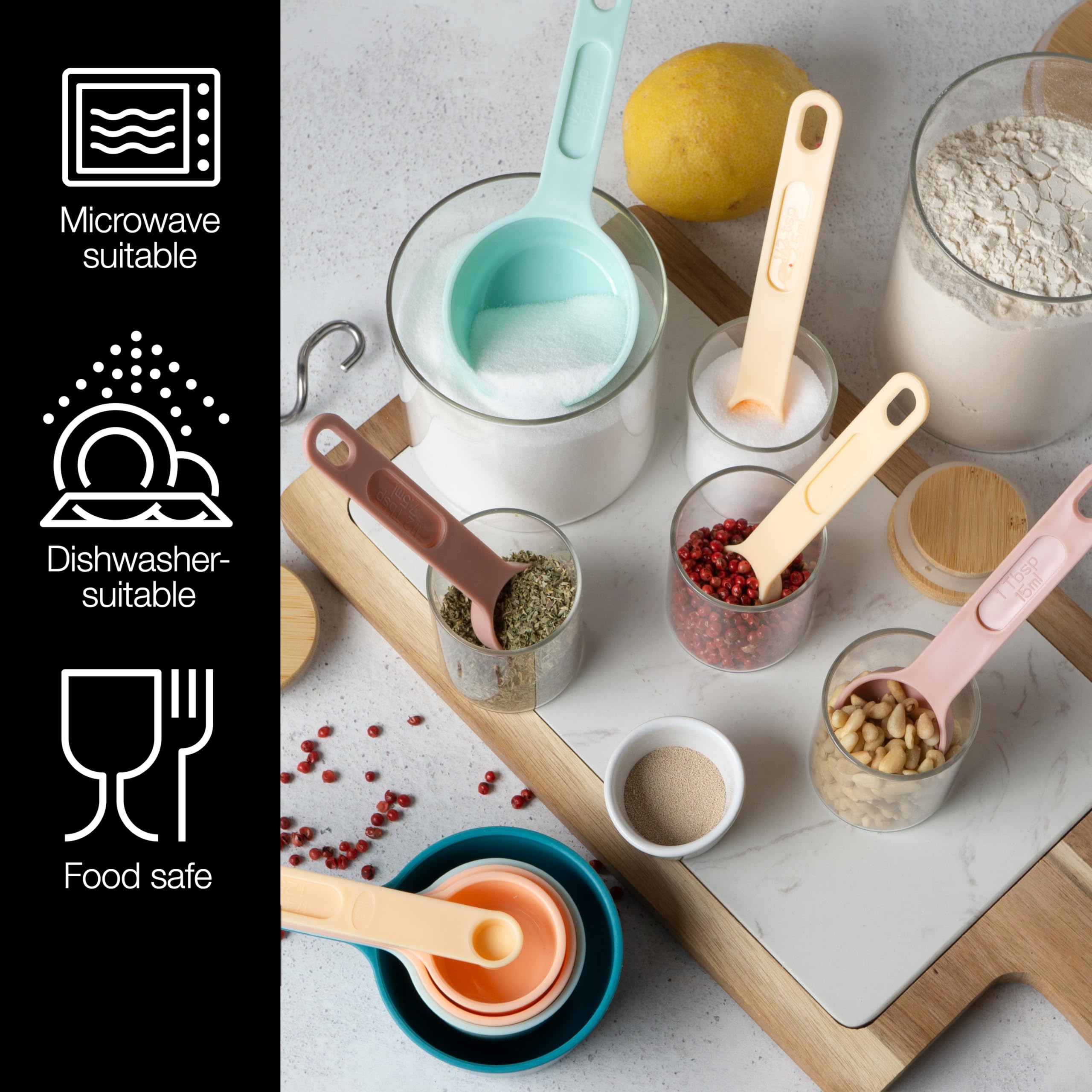 Moritz & Moritz Zestaw łyżek pomiarowych 11 szt. Możliwość układania w stosy - kubki i łyżki z podziałką od 1,25 do 240 ml 4 kolory - 10 wymiarów i szpatułka do smarowania- Do gotowania i pieczenia