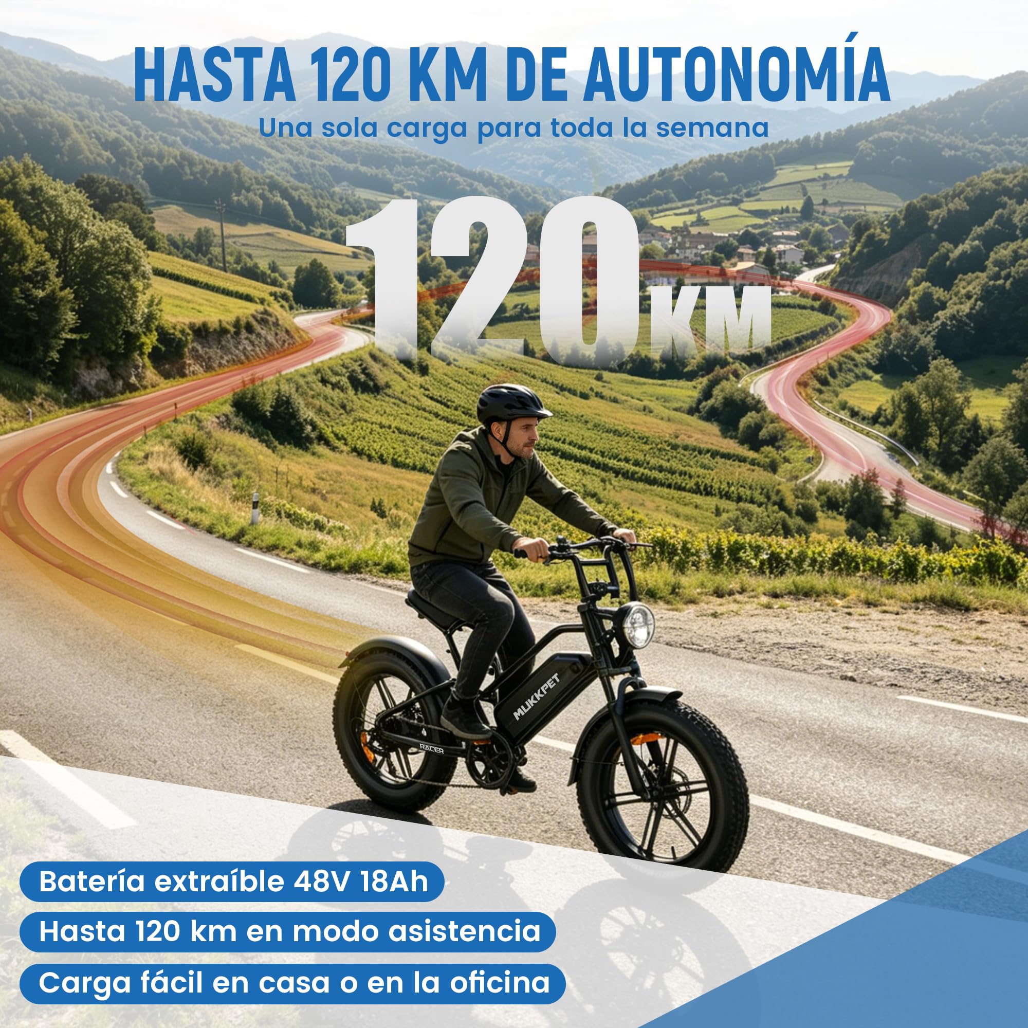 Mukkpet Racer Ebike, Bicicleta EléCtrica 48v 18ah 864Wh, AutonomíA 120 Km, para Adultos, Velocidad Legal 25 Km/H, Todoterreno, Doble SuspensióN, 7 Velocidades, NeumáTicos Fat 20” X 4.0