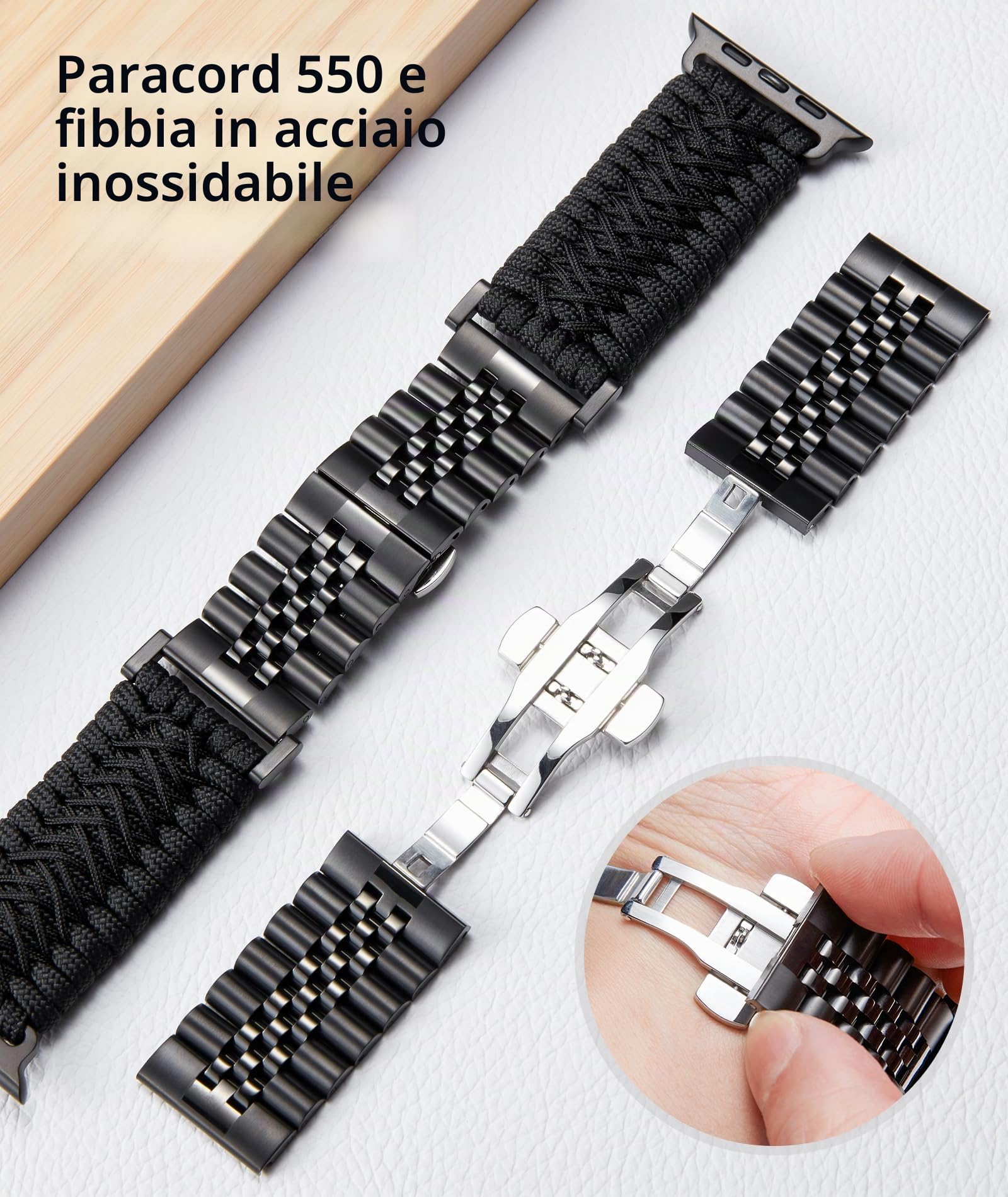 BINLUN Compatibile con Apple Watch Cinturino 49mm 46mm 45mm 44mm 42mm 41mm 40mm 38mm Cinturini Sportivo Intrecciato 550 Paracord Acciaio Compatibile con iWatch Ultra Series 11/10/9/8/7/SE/6/5/4/3/2/1