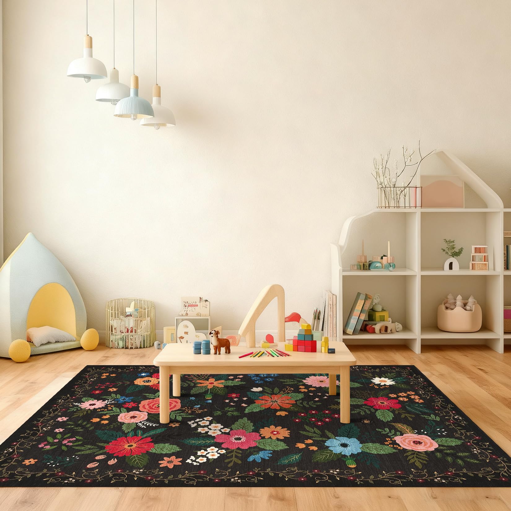 FairyStyle Rugs Living Room Washable Floral Rug 80x150cm Black