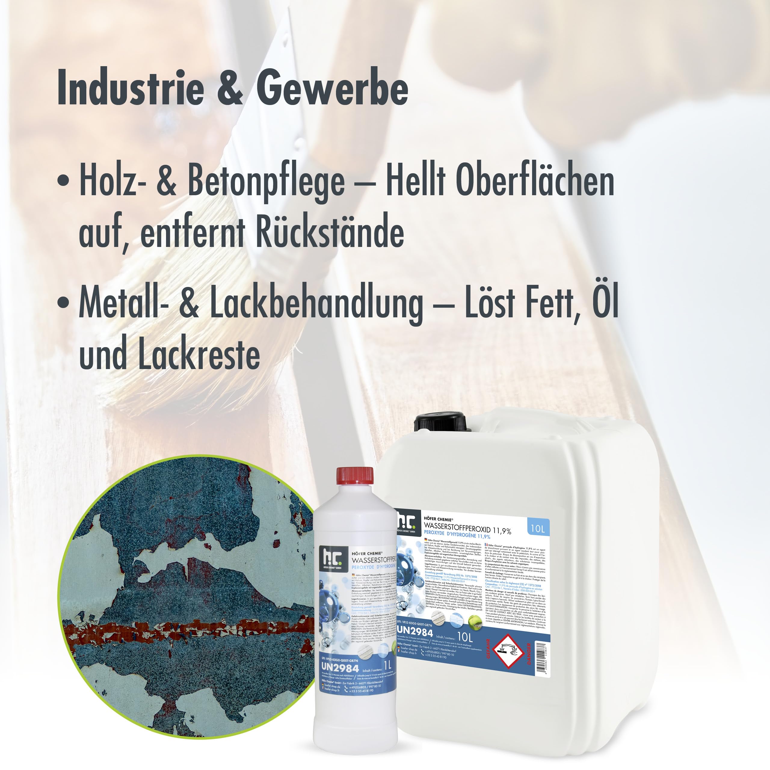 Höfer Chemie 10 L Wasserstoffperoxid 11,9% – Technische Oxidationslösung – stabilisiert mit 1% Phosphorsäure – Vielseitig einsetzbar zum Bleichen, Reinigen & Technischen Gebrauch
