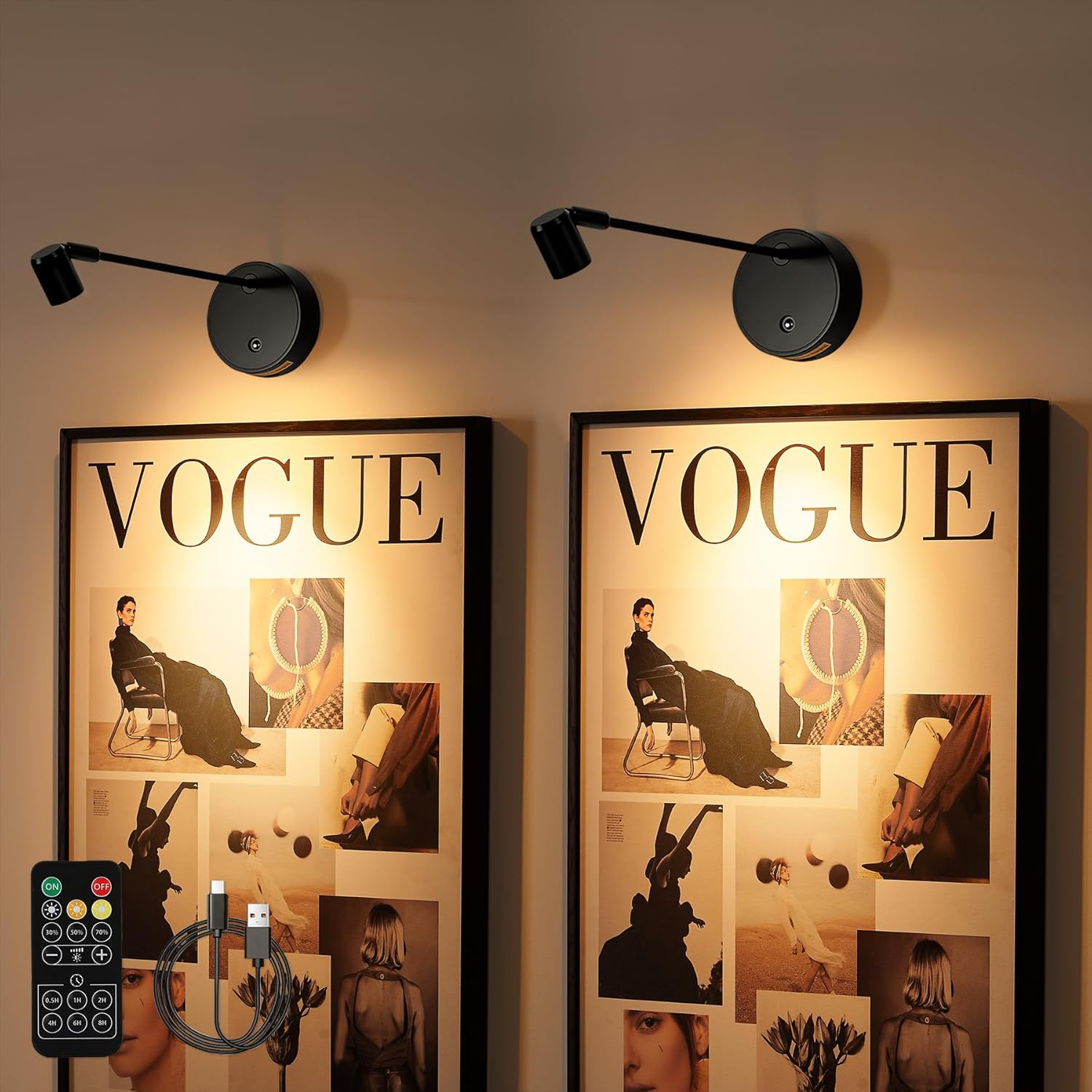 Magnetic Picture Light for Wall,Battery Operated 3 Color LED Art Lighting for Paintings, Wireless Rechargeable Dimmable Poster Lights,Remote Control Gallery Light with Timer, Black (2 Pack)