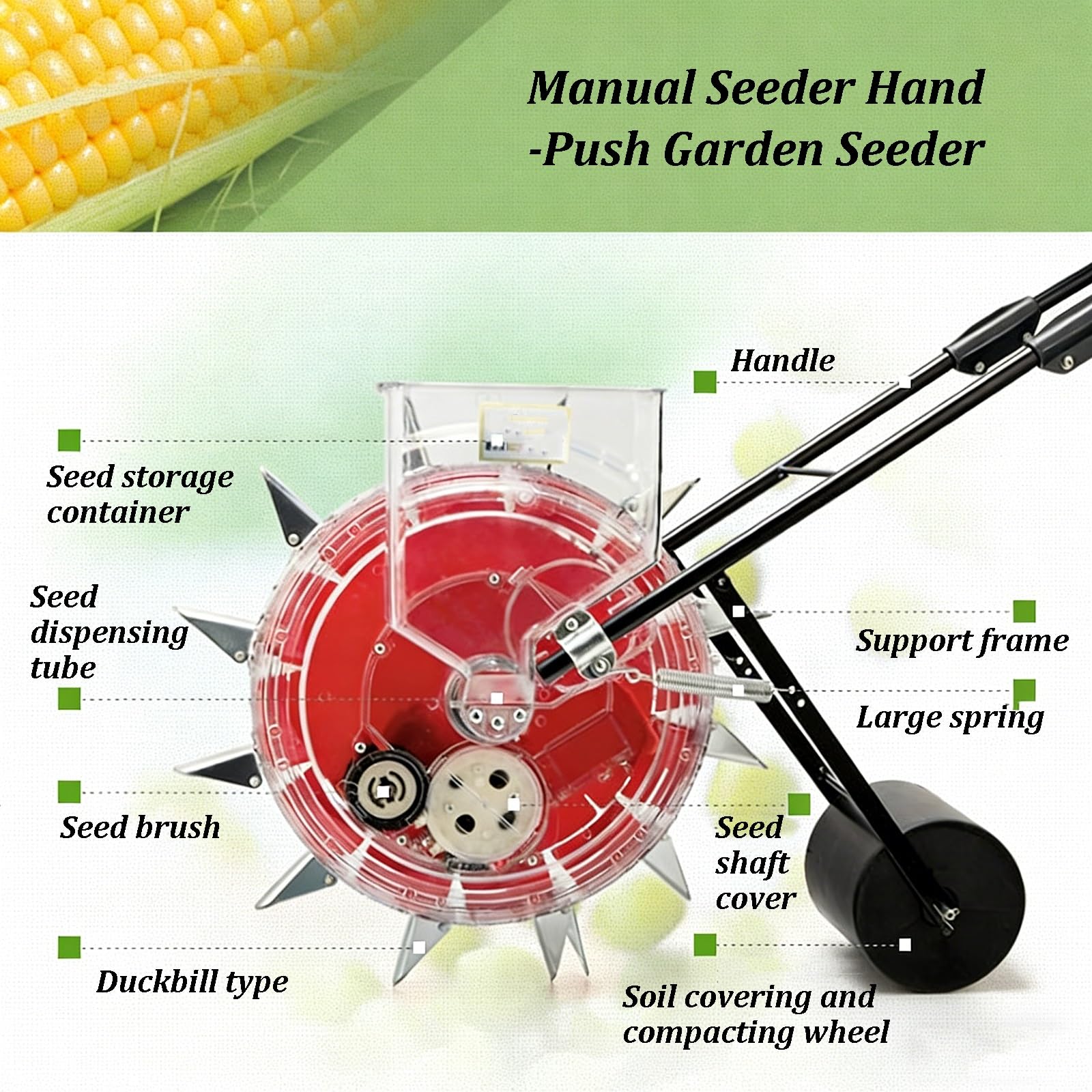 Sembradora de empuje, sembradora manual con rueda y asa, profundidad de plantación ajustable, herramienta de césped y jardín para plantar maíz, algodón, soja
