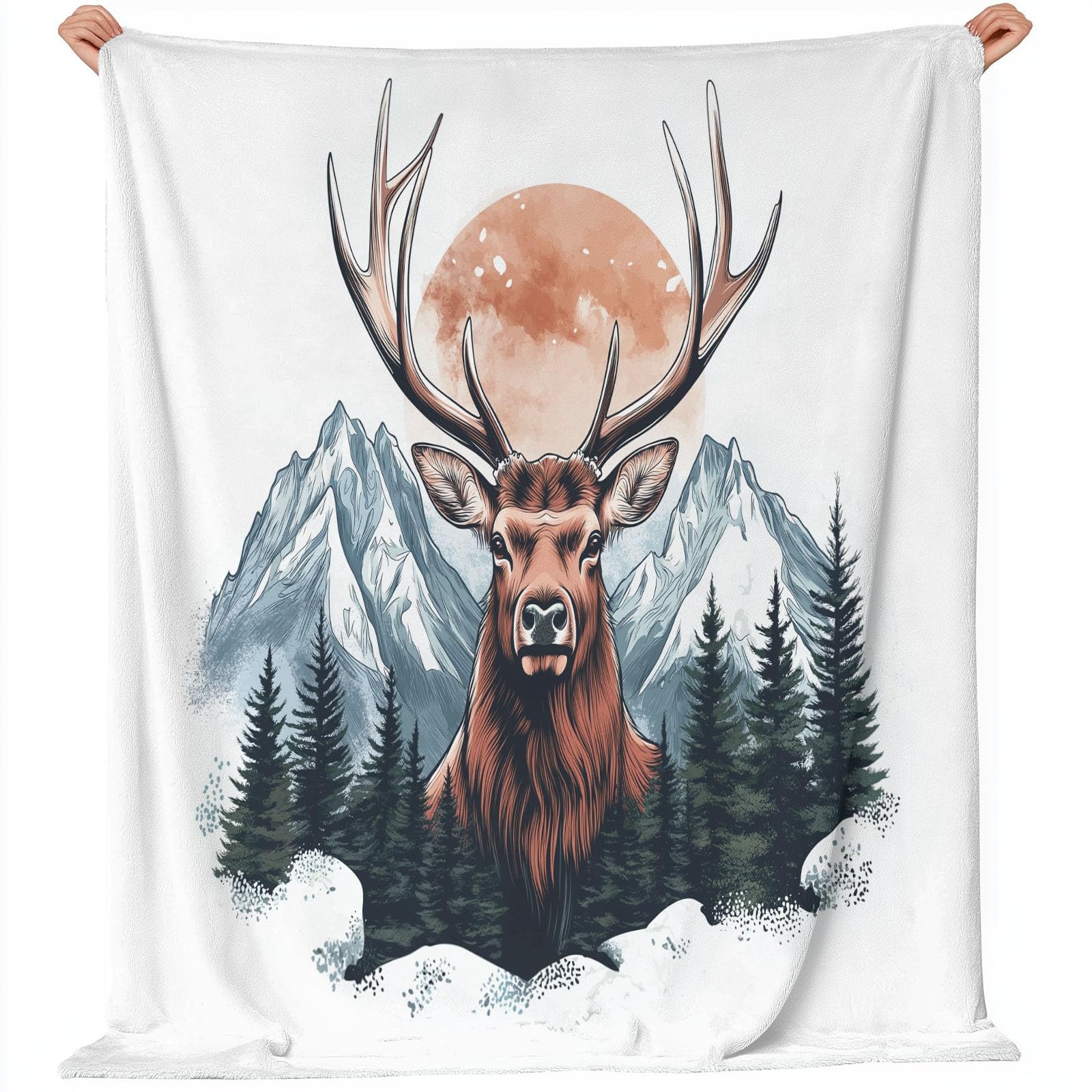 Couverture Polaire 180×200 cm, Animal Forêt Montagne Tête d'élan Couverture Flanelle Imprimée 3D, Abricot Couvertures lit Chaude Épais Jeté de Canapé, Doux et Confortable, Lavable en Machine