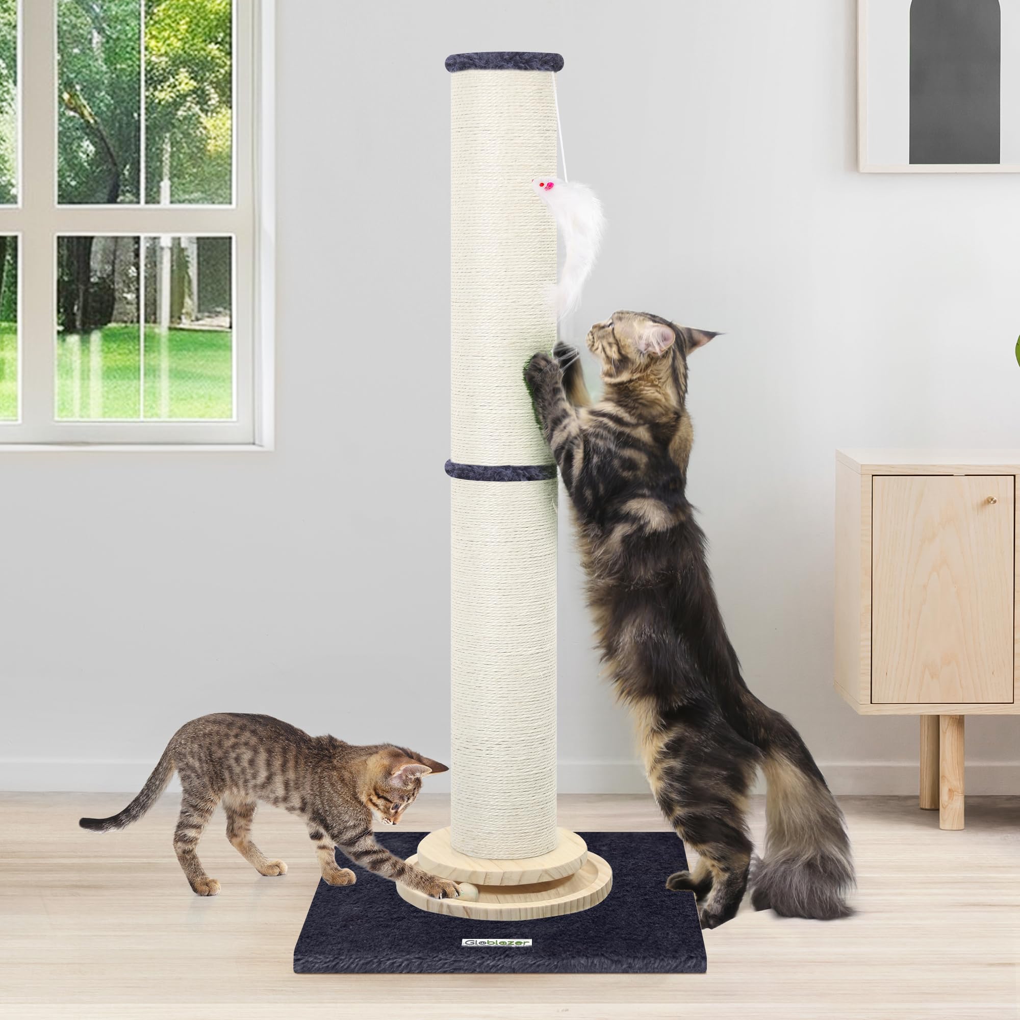 Globlazer Postes Rascadores XXL Alto 90 cm & 50 cm Ajustable 2 en 1 con Trackball Madera Felpa Gato Juguete Grande Base Poste Sisal, Rascador XXL para Gatos Grandes Interior (SC35, Gris Oscuro)