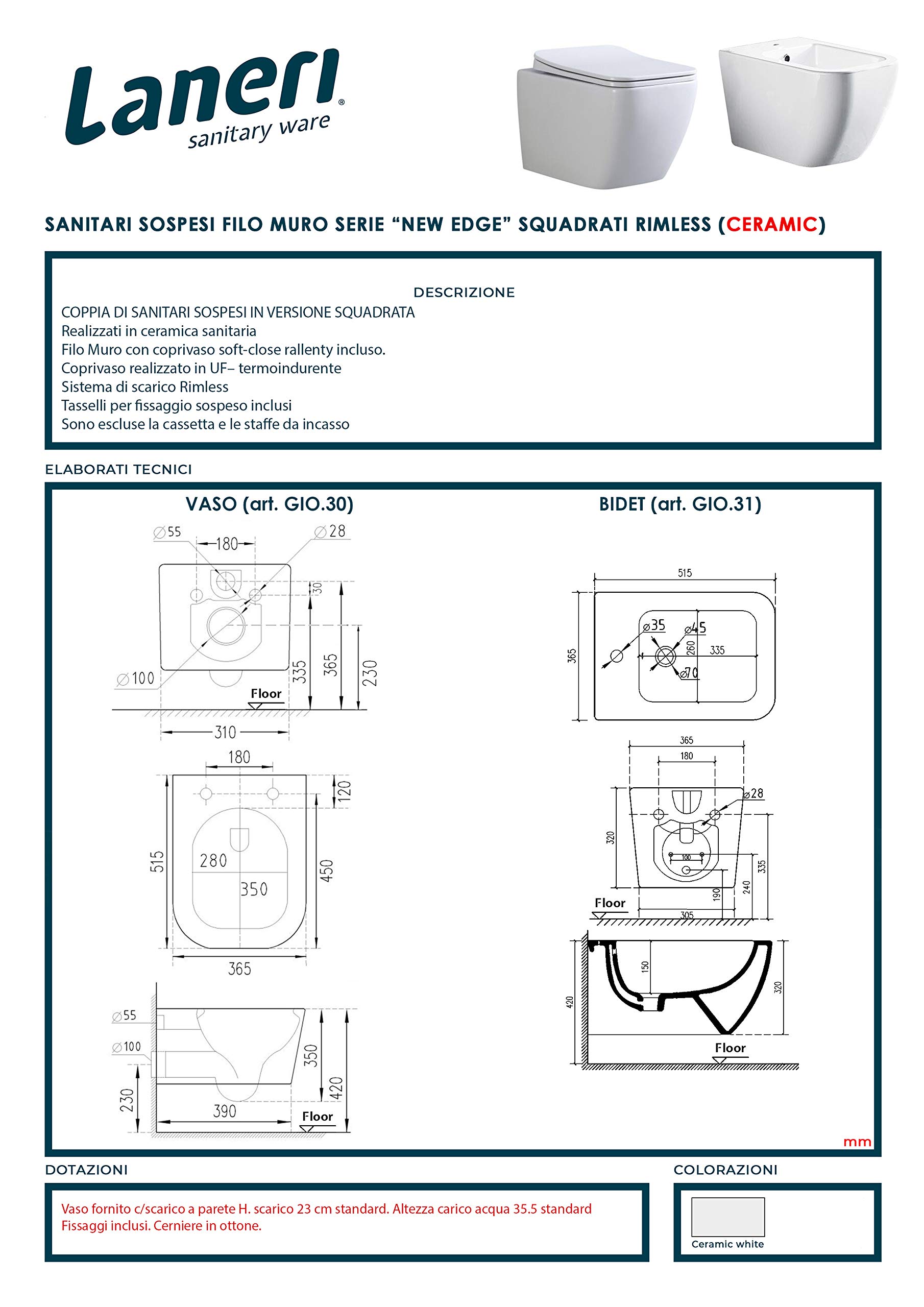 Coppia Sanitari Sospesi Rimless senza brida linea squadrata dimensioni ridotte coprivaso soft-close