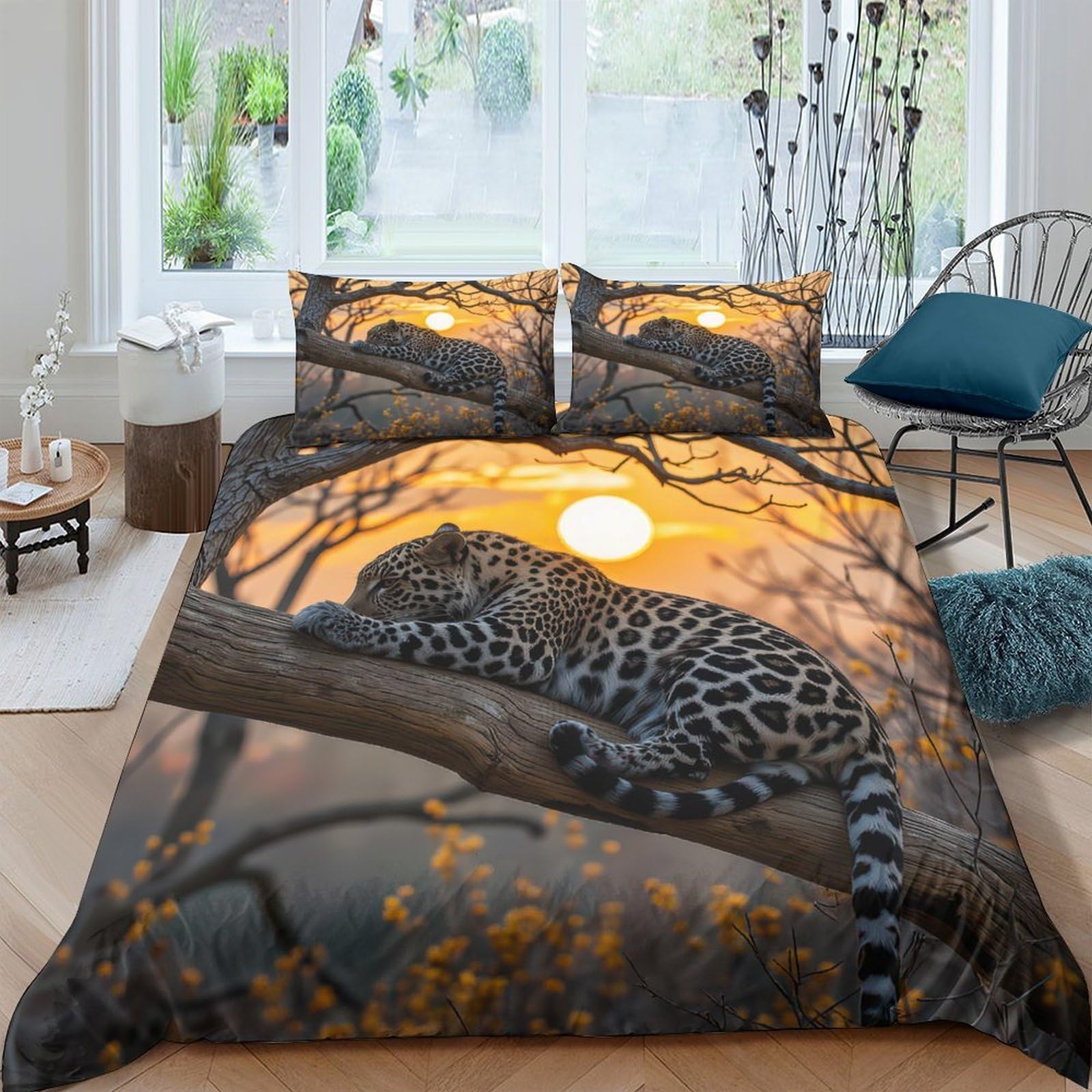 Ctjqhvkz Style-9 3D Printed Leopard Sunset Fitted Sheet Microfiber Soft Breathable Forest Tree Mattress Cover For Bedroom Home Decor Single（135X200cm）
