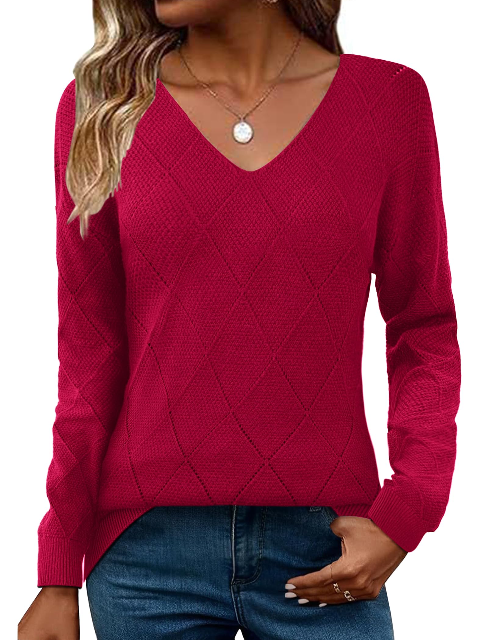 Womens Sweaters Fall 2026 Long Sleeve Knit Pullover V Neck Lightweight Crochet Sweater Tops Dressy Casual