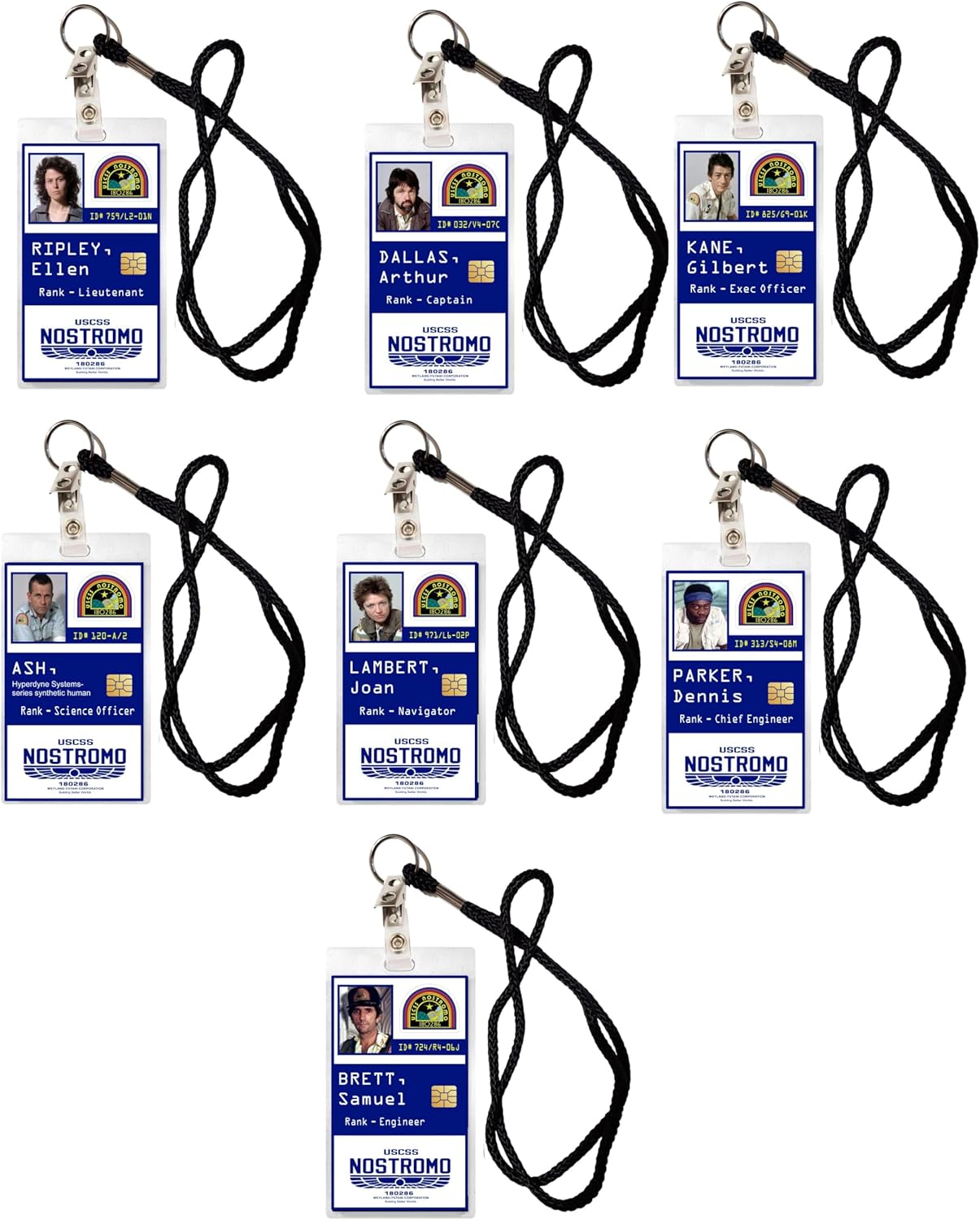 Alien USCSS Nostromo Crew - ID Photo Pass Badge Set Prop Collection Cosplay Halloween Costume Movie Prop Badge (Complete Set)