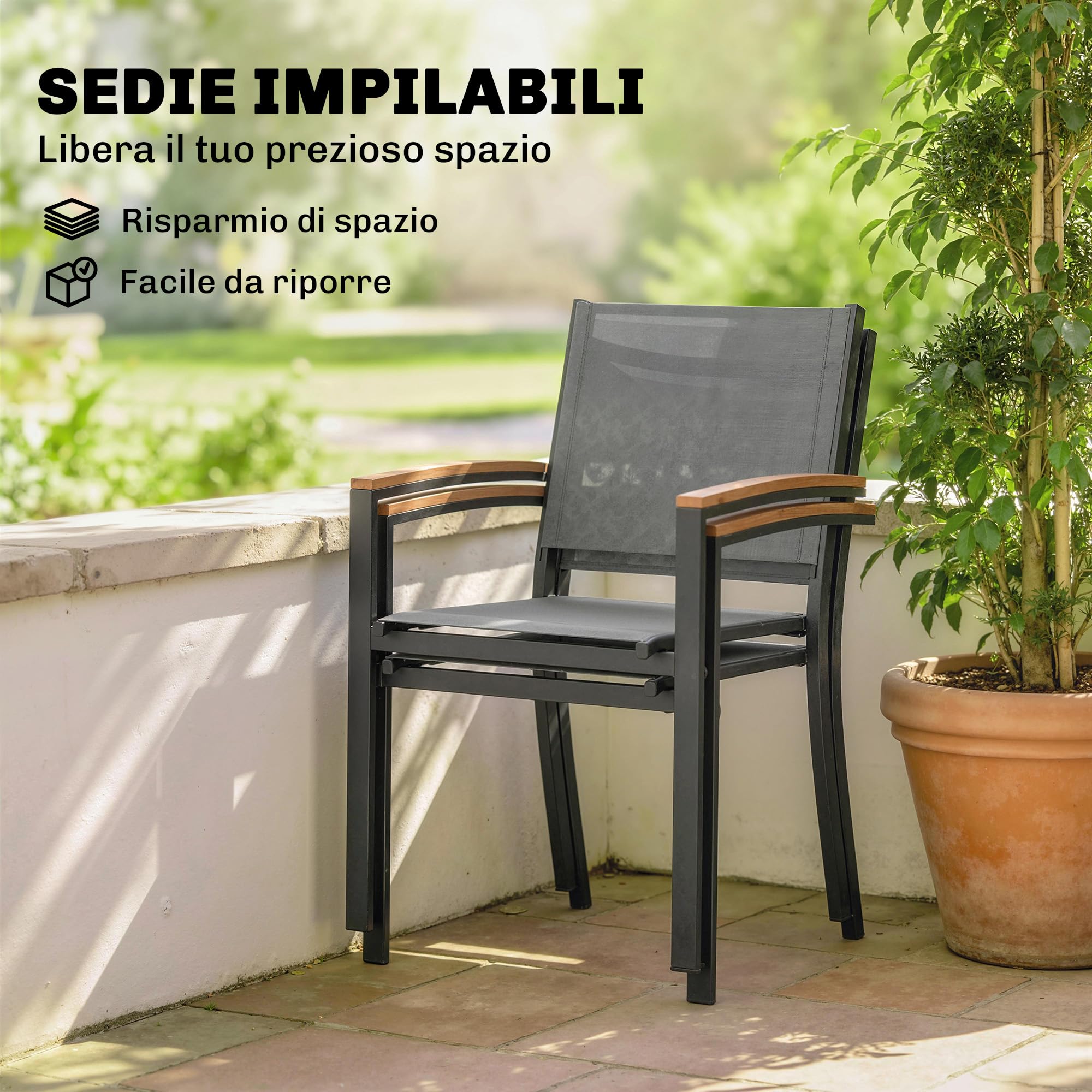 Outsunny Set 2 Sedie da Giardino Impilabili in Texteline e Metallo, con Braccioli Effetto Legno, 56x62x89 cm, Grigio
