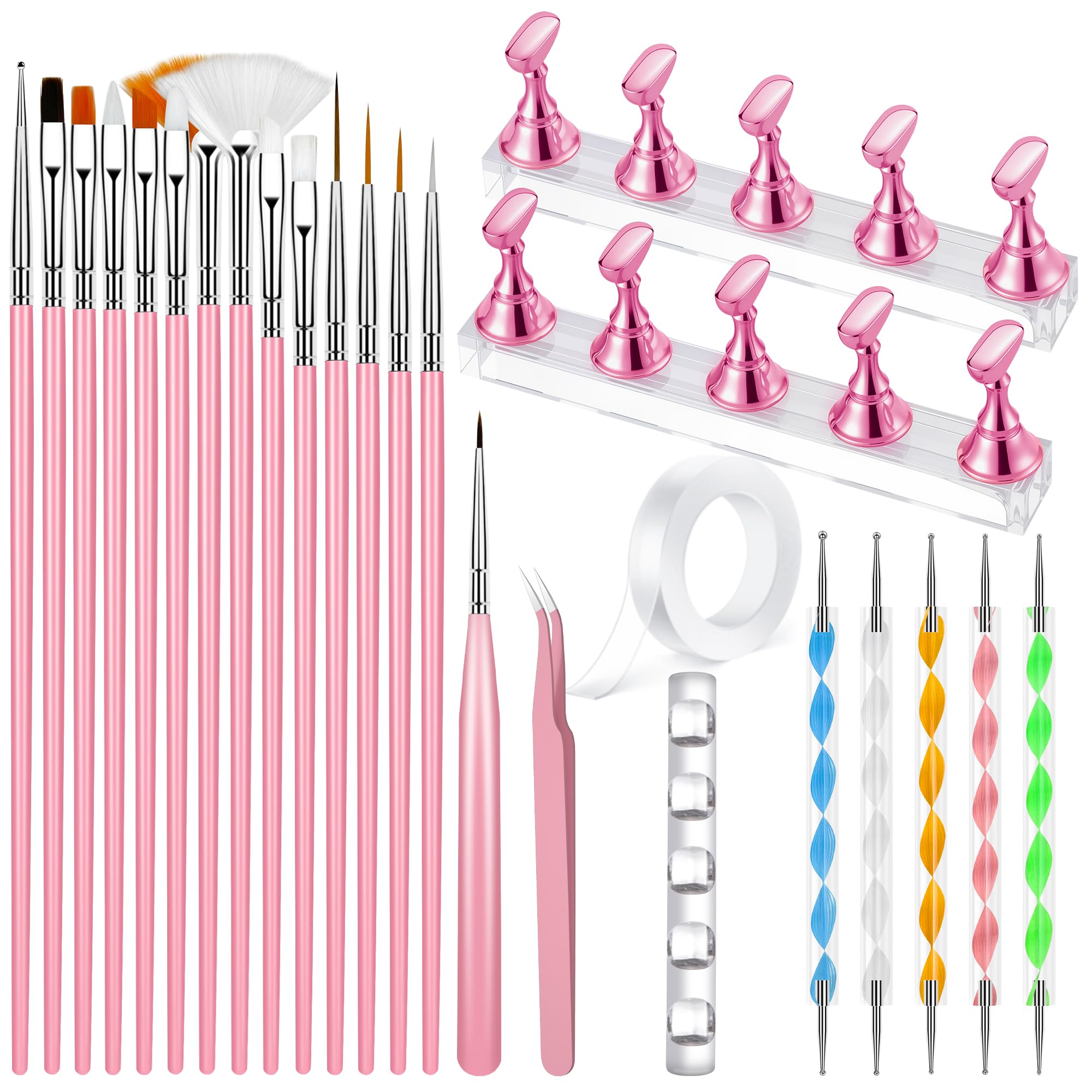 Nail Art Tools Set, 15 PCS Nail Art Brushes, Nail Stand for Press Ons, 5PCS Nail Dotting Tool and Brush Rack with Double Sided Tape Tweezers for Home Salon DIY Beginner Supplies A1
