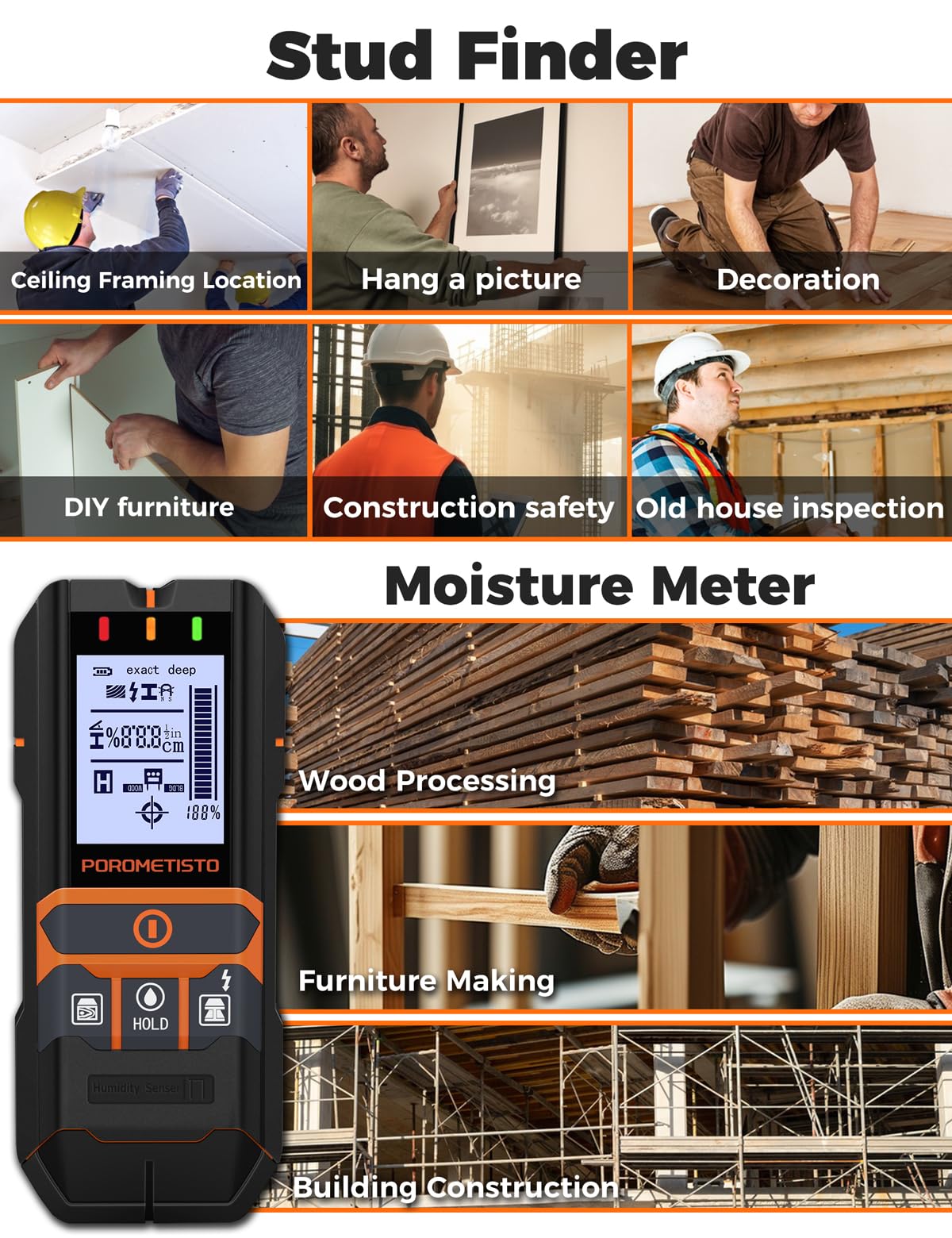 Rilevatore Tubi E Cavi Elettrici 2-in-1 Con Misuratore Umidità, Scanner POROMETISTO Per Legno, Metallo, Cavo CA