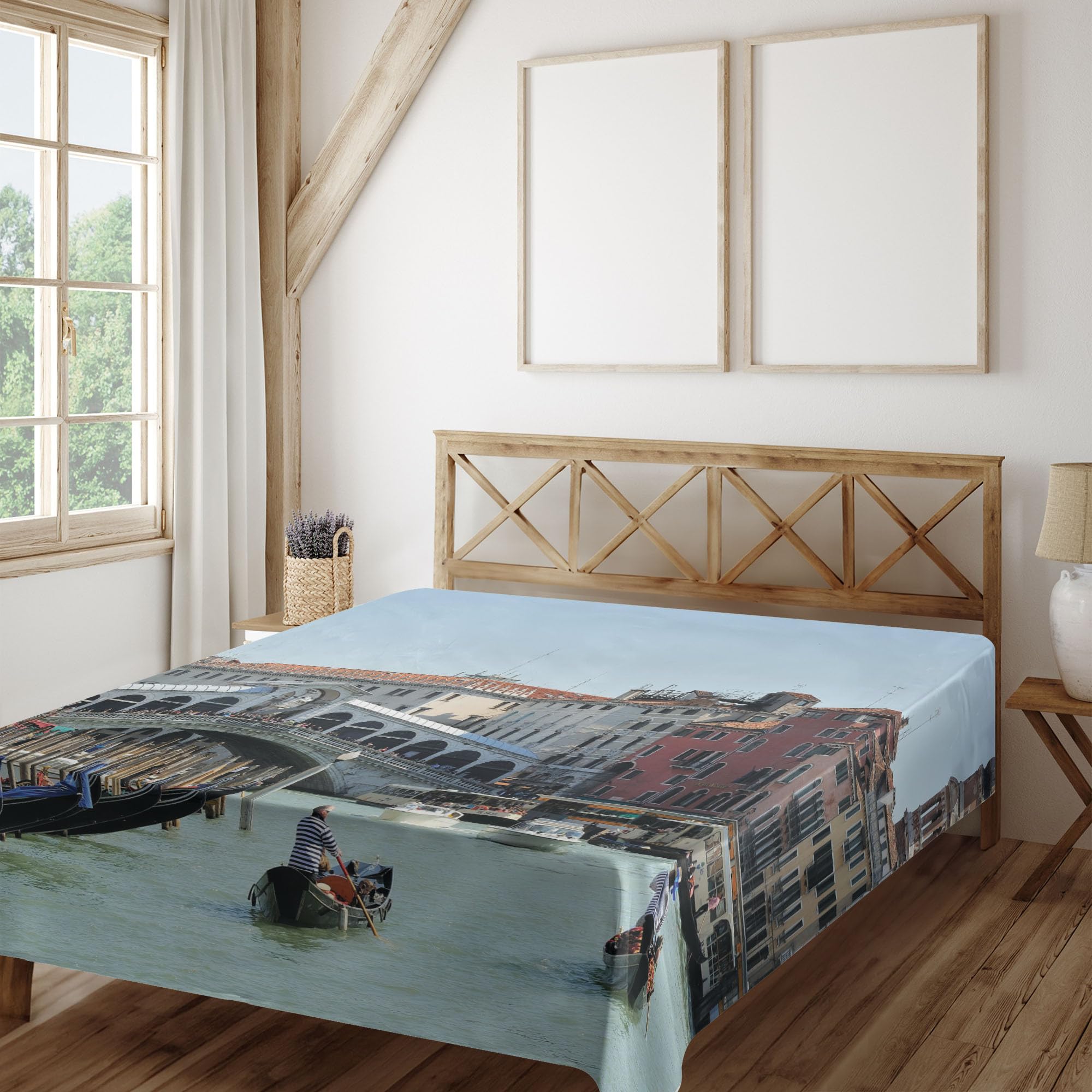 Ambesonne Italy Flat Sheet, Famous Landscape of Venice Gondolas and Architecture Europe Tourism Canal Photo, Soft and Comfortable Top Sheet Decorative Bedding 1 Piece, Full Size, Multicolor