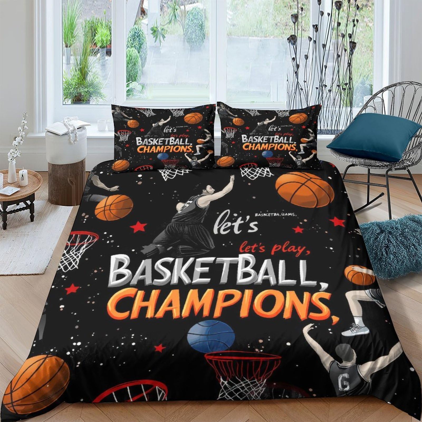 GPLZQXKJNH 3D Printed Basketball Court Duvet Cover Microfiber Soft Breathable Champions Quilt Cover Set with 2 Pillowcases for Bedroom Decor Single（135x200cm）